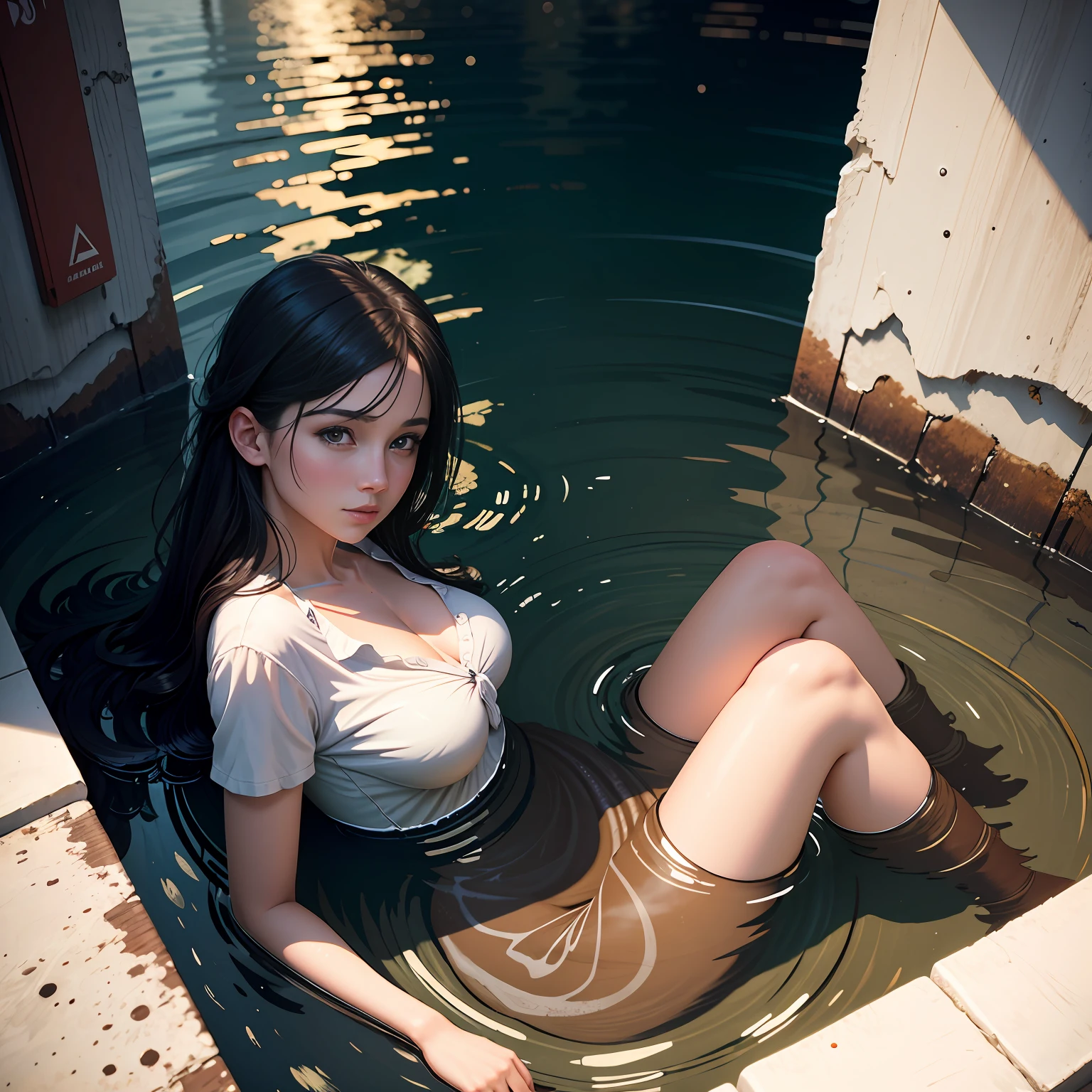 (masterpiece, best quality, beautiful art:1.4) of 1girl drowning in the flood, city background, digital art, trending on artstation, 4k, high detail, high-resolution, professional painting, ultra-detail, hdr, 4k uhd, 8k, unreal engine 5, cinematic, neon highlights, volumetric lighting, realistic shadows, reflections, unreal engine 5, cinematic wallpaper, 8k, romantic