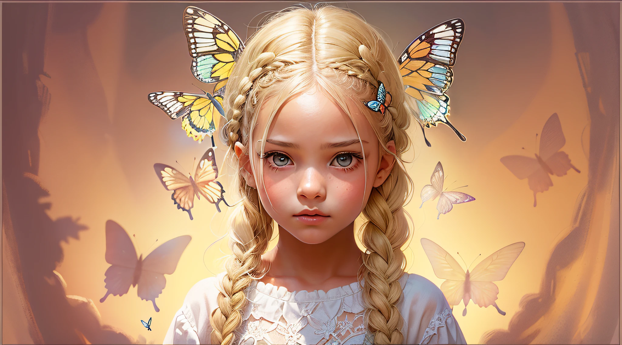 1CHILD GIRL, retrato , (BUTTERFLY ON HEAD IN BLONDE BRAIDS ), olhos vermelhos brilhantes.