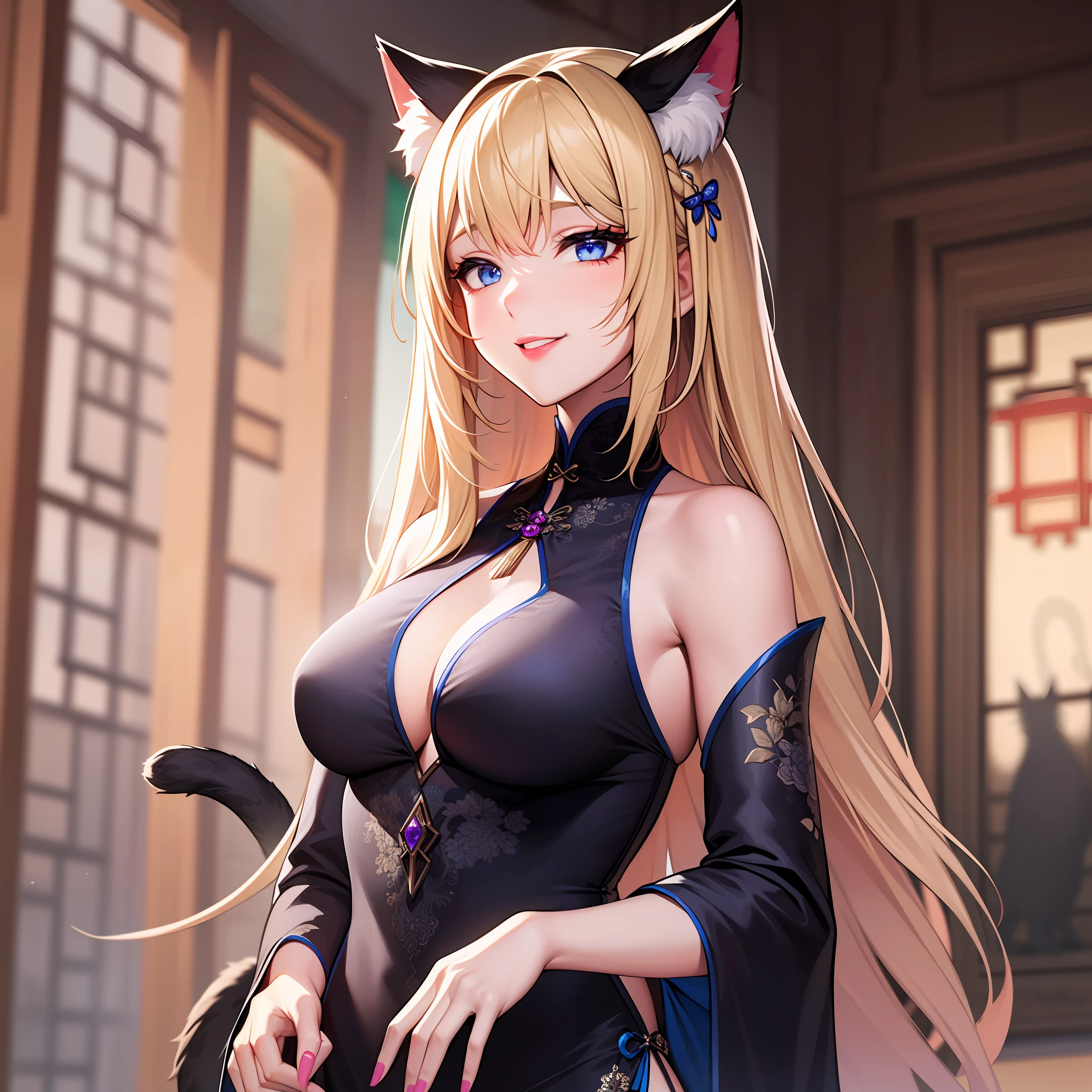 Girl, cat ears and tail, long hair with blonde strands, violet-blue eyes, black open Chinese dress, expensive jewelry, sly smile, light lipstick