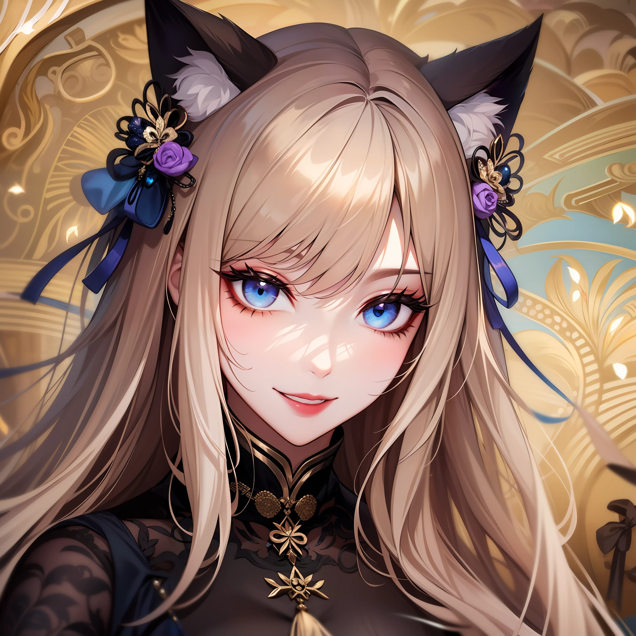 Girl, cat ears and tail, long hair with blonde strands, violet-blue eyes, black open Chinese dress, expensive jewelry, sly smile, light lipstick