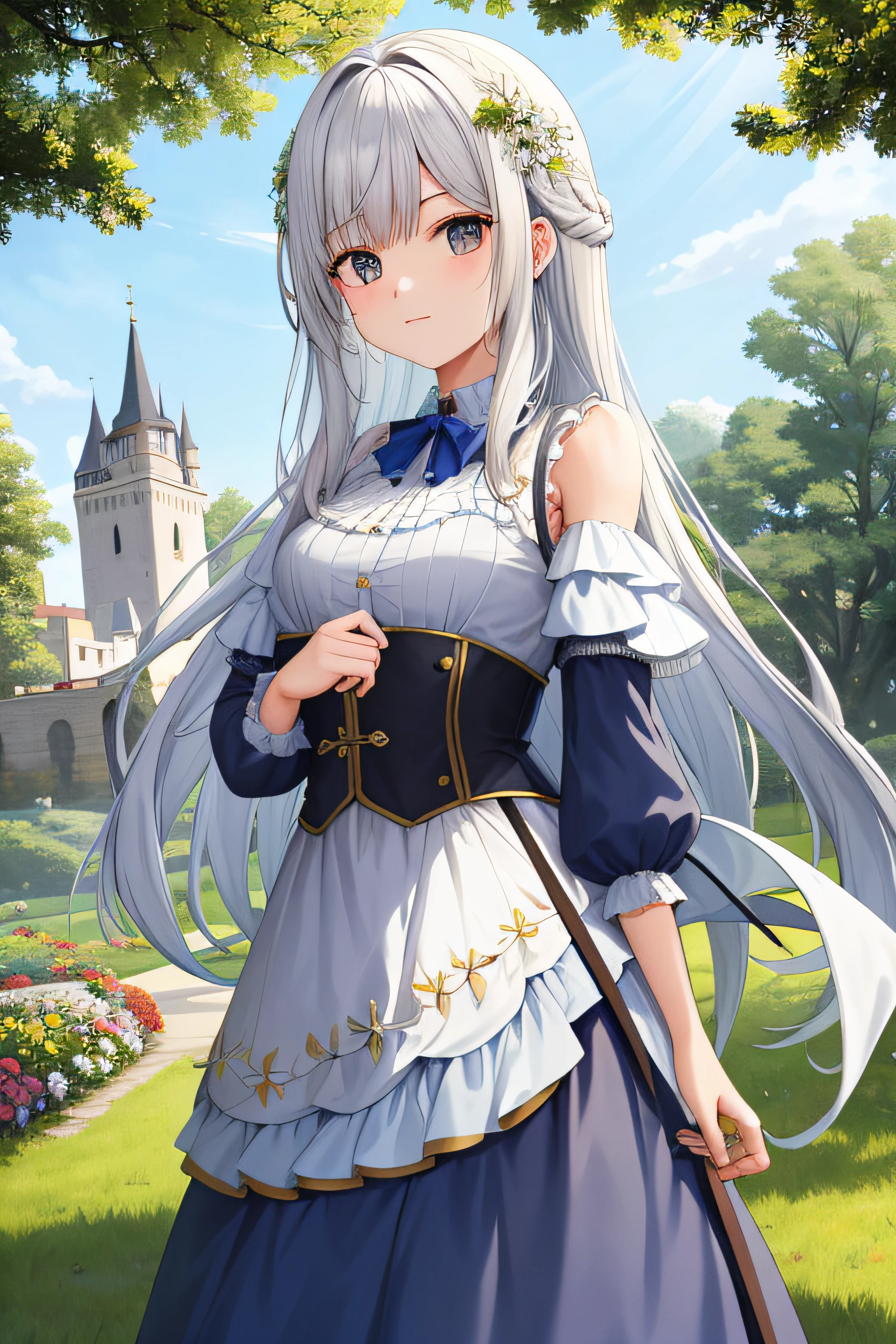 Imagine uma pintura encantadora retratando uma garota adolescente de longos cabelos azuis e olhos azuis, vestida com trajes medievais cheios de detalhes. No fundo, um imponente castelo emerge, shrouded in mist. Escreva um poema descrevendo sua postura determinada enquanto ela se aproxima do castelo, pronta para enfrentar desafios e desvendar segredos antigos