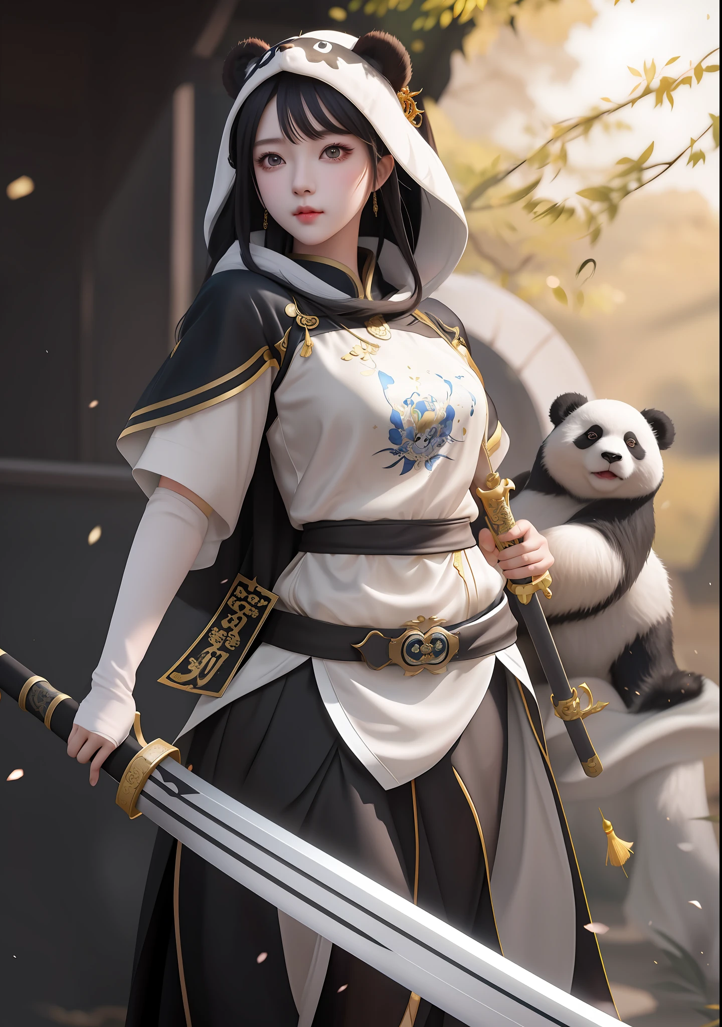 anime girl with sword and panda bear in background, artwork in the style of guweiz, fanart best artstation, by Yang J, inspired by Ju Lian, she is holding a katana sword, chengwei pan on artstation, inspired by Wu Li, inspired by Wu Bin, ruan jia and artgerm, full body xianxia --auto