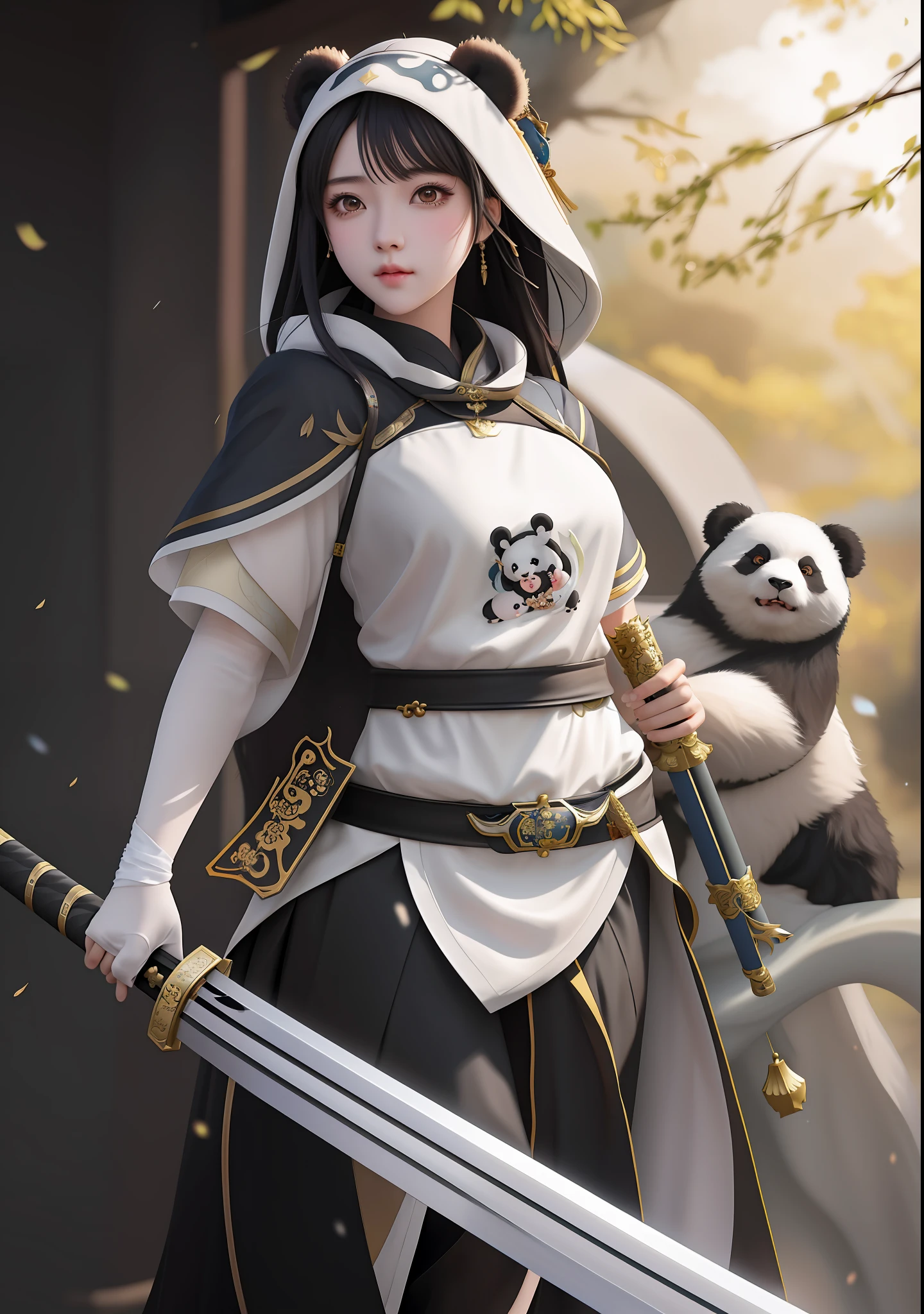 anime girl with sword and panda bear in background, artwork in the style of guweiz, fanart best artstation, by Yang J, inspired by Ju Lian, she is holding a katana sword, chengwei pan on artstation, inspired by Wu Li, inspired by Wu Bin, ruan jia and artgerm, full body xianxia --auto