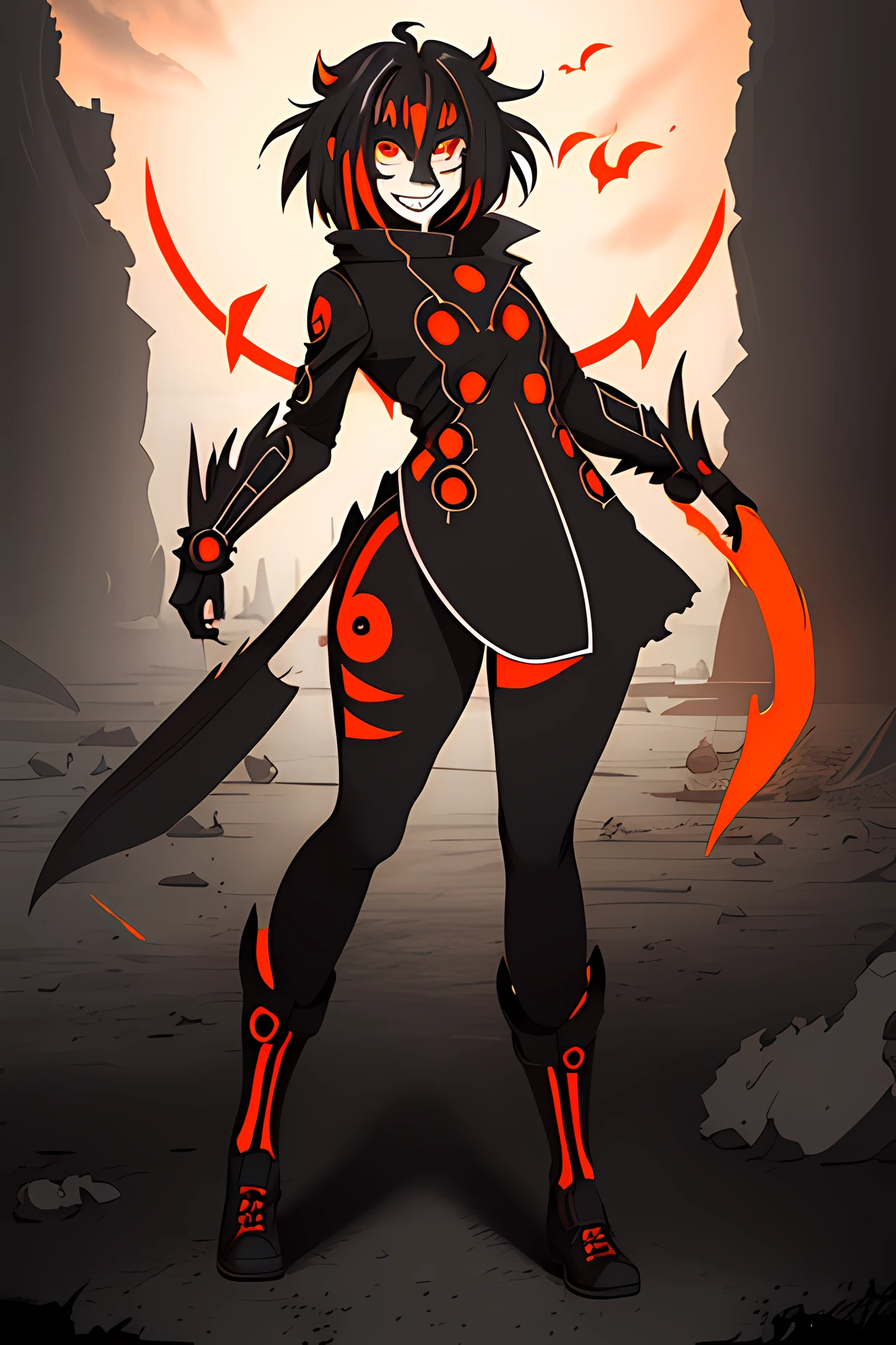 Best Quality, super detailed illustration, A  girl, (Crazy orange eyes:1.2),(wide eyes:1.2), (short disheveled black hair:1.2),(crazy smile:1.2) ,(Scars:1.2), combat pose, the perfect body