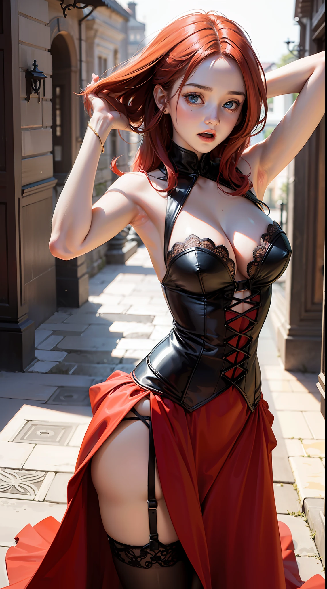 (extremely short girl:1.6) with a revealing corseted black and red dress, long wavy red hair, light-blue eyes, sneaking down a stone castle corridor, armpits:1.5, (scared expression:1.4)