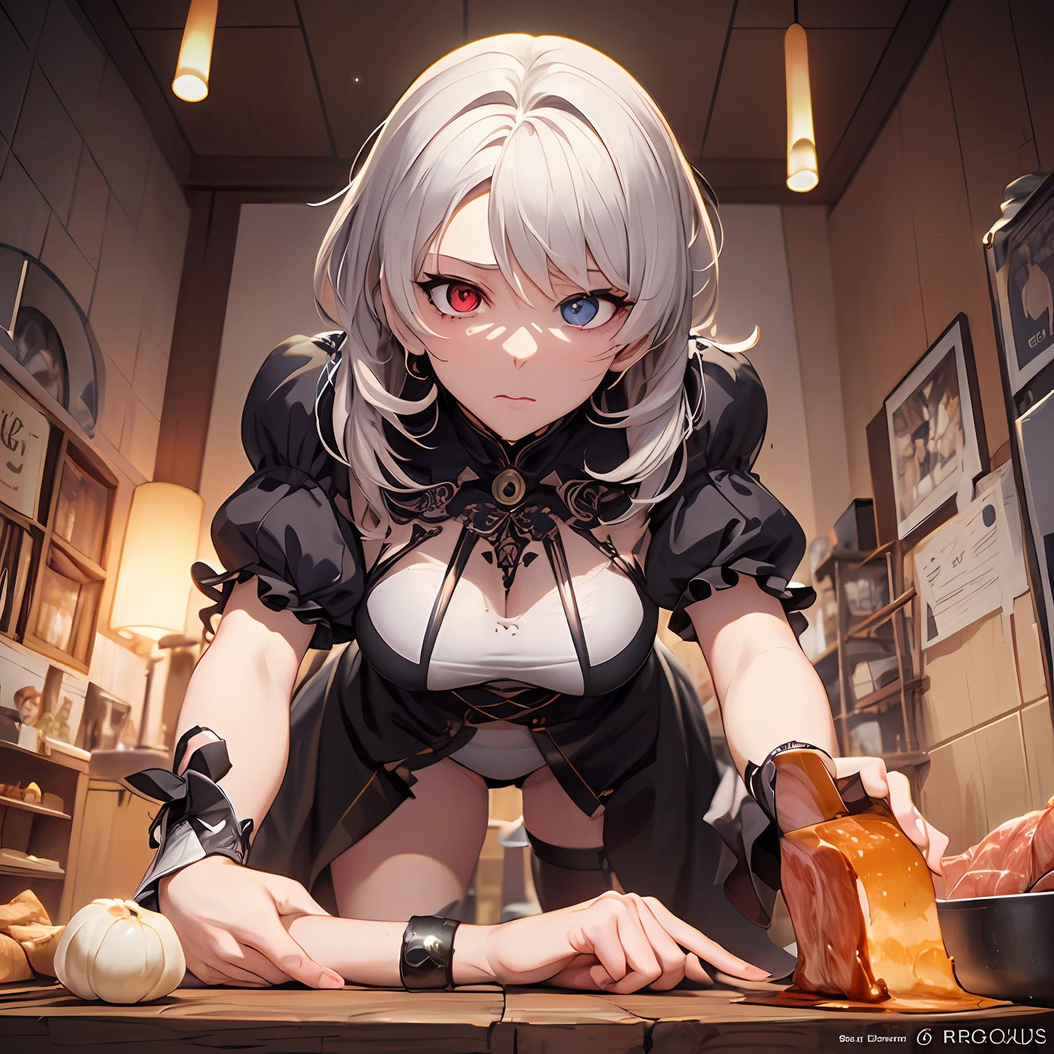 --2d anime --Anime --Primeiro trabalho --anime premiado, --Garota elfa (((--Heterocromia))) --Cabelos longos brancos --Pose sedutora --Peitos pequenos --Bunda pequena --Estilo "" (((Lying on a butcher table))) --roupa intima --solo, non human,--Sem humanos, --Detailed digital art --High quality 8K --Detailed Artgerm --Aesthetic perfection --Intricate details --Cinematic lighting --Lighting highlight --SSAA --Smooth rendering --No noise --Butcher with meats hangs dark morbid fantasy style dynamic scenery --Rudeus Style.