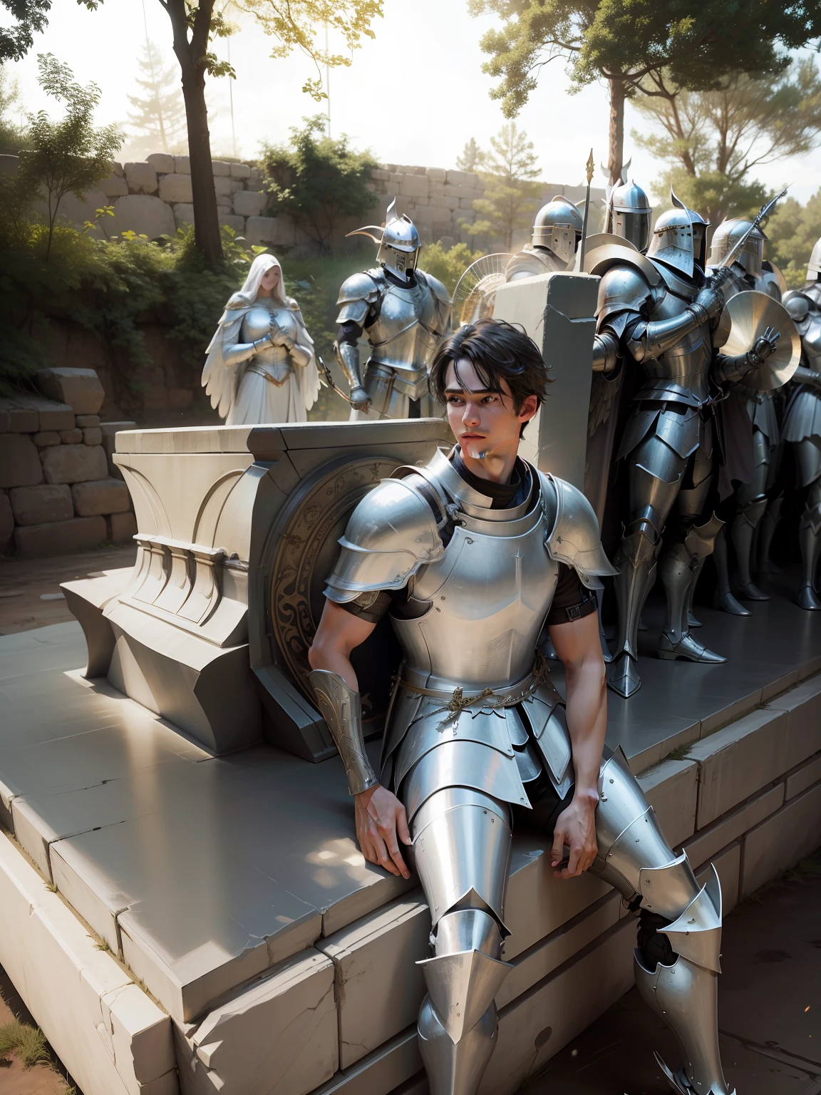 An epic scene depicting a valiant knight adorned in full-body armor, basking in the divine light of a halo, as a heavenly choir of angels dances in the background, casting an ethereal glow upon the knight. --auto