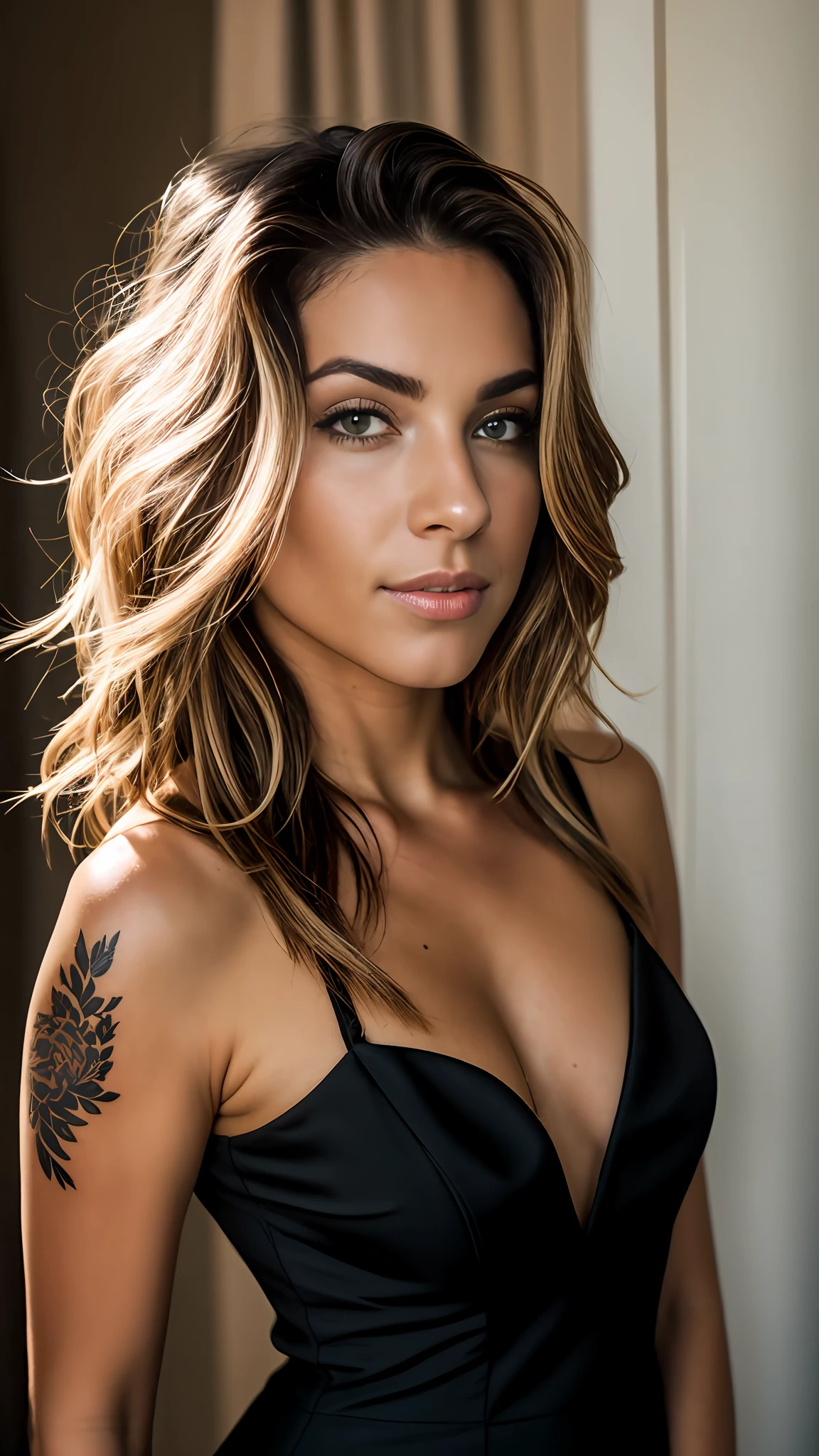 RAW portrait photo of 1 blonde woman with long hair and with a tattoo on her arm, imagem de perfil, Supermodelo brasileira, morena com cabelos loiros tingidos, seminua, in a black strap dress, soio, revela seu corpo, transparente, sentada em uma cama de um quarto de hotel de luxo, altamente detalhado, skin imperfections:1.1), detalhada, specular illumination, DSLR, ultra qualidade, foco nítido, grain of film, Sharp features, soft natural lighting, magic photography, natural  lightting, Foto realism, ultra-detalhado, 8k, melhor qualidade, Ultra Alto Nadaolução, (fotorrealista: 1.4), alta resolução, detalhada, foto crua, sharp re, (8k, 4k, melhor qualidade, Alto, Ultra alto nada:1.1), (obra-prima, realista, realista:1.1), Estilo Raw 50