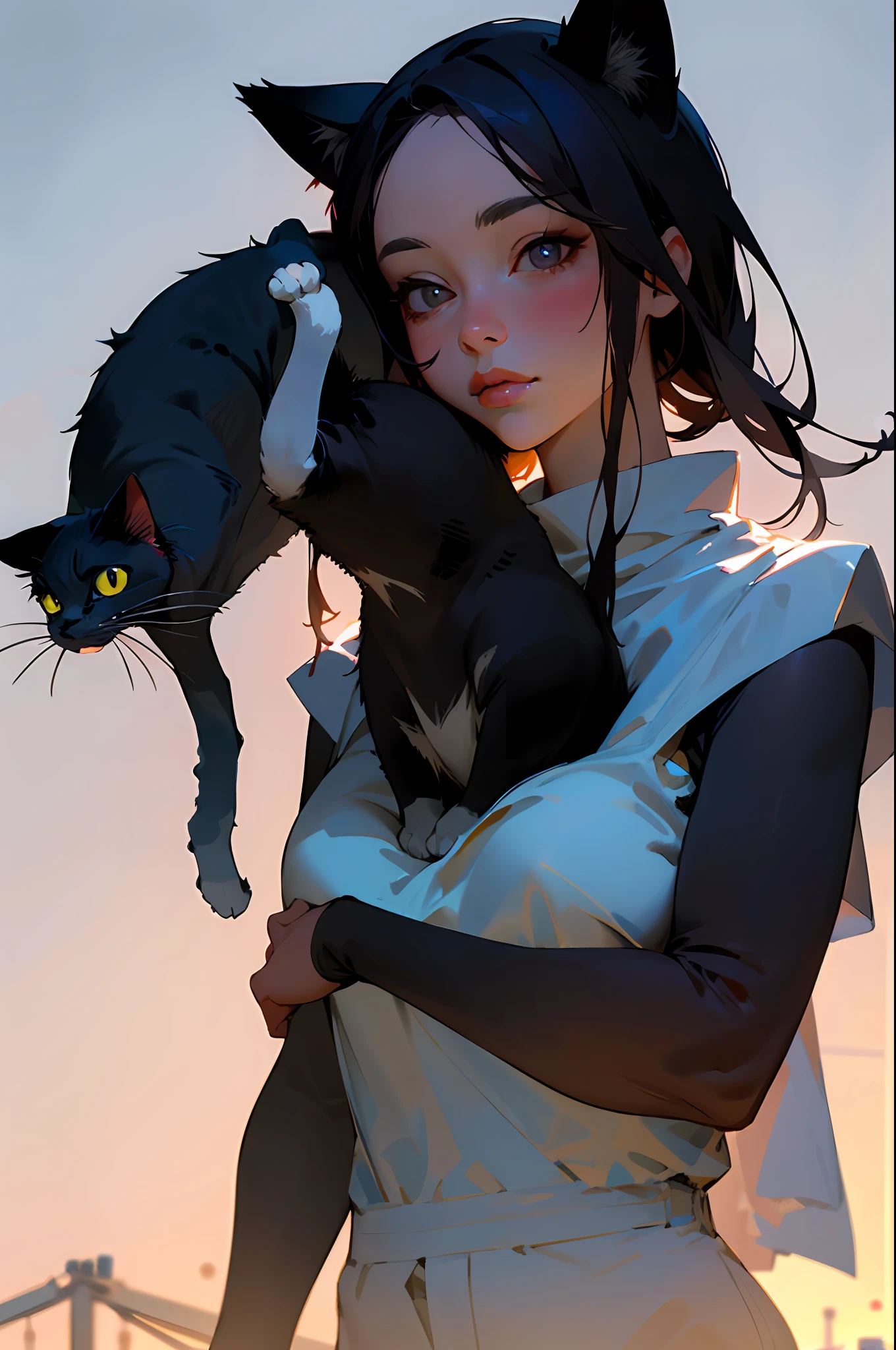 Realistic Pretty Girl And Cat Dusk Beautiful