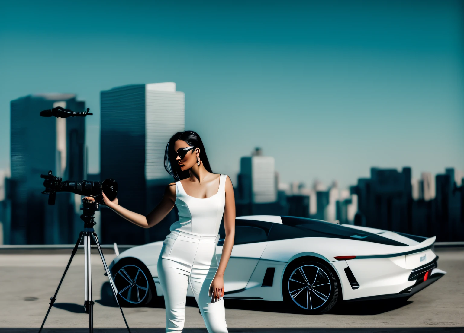 Mulher em um vestido preto ao lado de um carro esportivo branco, fotografia automotiva, Ensaio de Moda 8K, cinematic photoshooting, in front of a sci fi cityscape, photoshoot de moda high-end, Cinematic Still Shot, Ensaio de moda 4k, inspirado em Helmut Newton, foto de retrato de pintura fosca, Modelagem de Ensaio, Executando um videoclipe, modelo de tiro, cinematic photo shoot