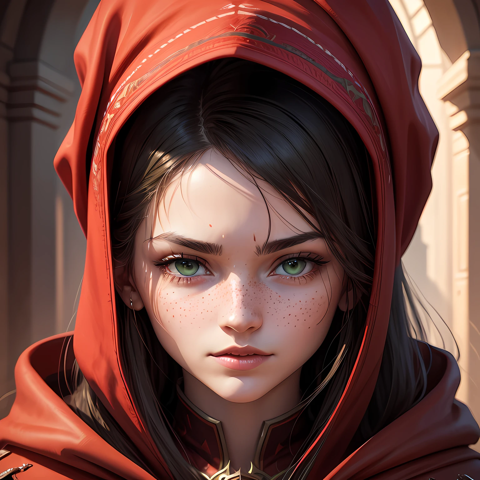Arafed woman in a red cloak with a hood over her head, detailed beauty portrait, fantasy art portrait, fantasy character portrait, fantasy genre portrait, cinematic realistic portrait, fantasy portrait, fantasy concept art portrait, beautiful fantasy portrait, portrait shot, Close up portrait shot, realistic 4k digital art, realistic 4k digital art, epic fantasy fine art portrait, freckles over her nose and under her eyes, dark green eyes --auto