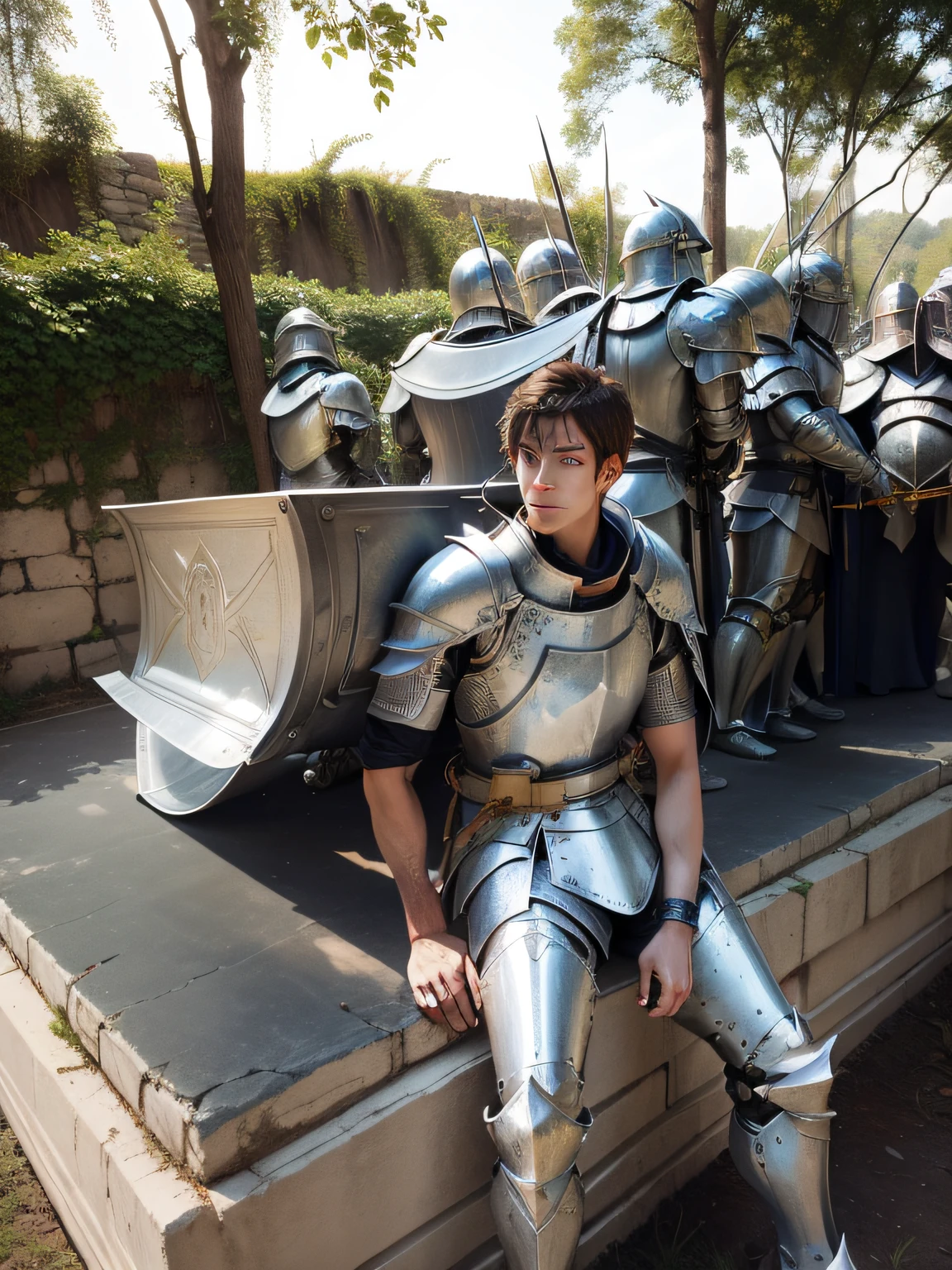 An epic scene depicting a valiant knight adorned in full-body armor, basking in the divine light of a halo, as a heavenly choir of angels dances in the background, casting an ethereal glow upon the knight. --auto