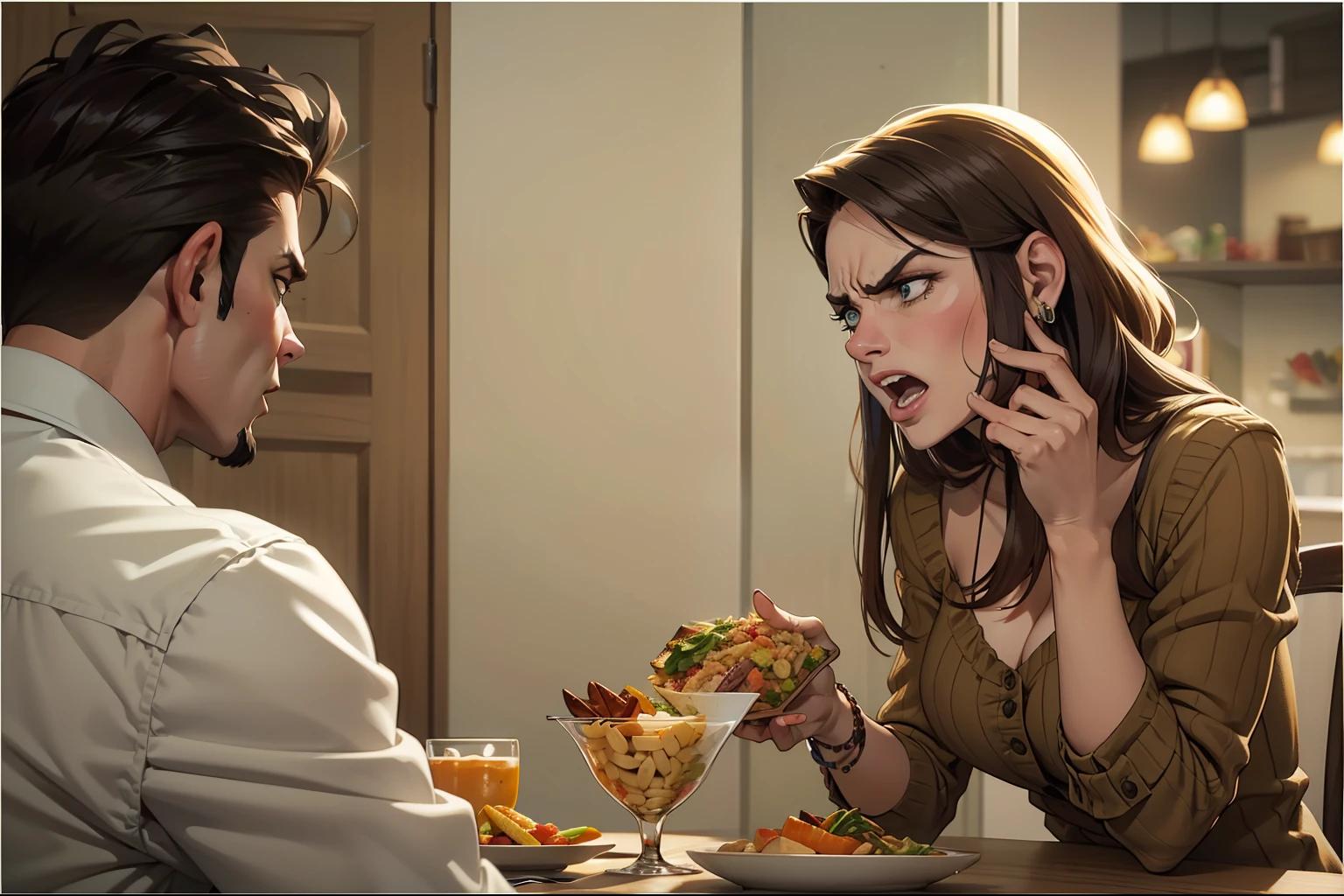 "((mesa de jantar, objetos e comida na mesa)), retrato de mulher com cabelo ondulado, angry expression, acompanhada de um homem fora do peso":