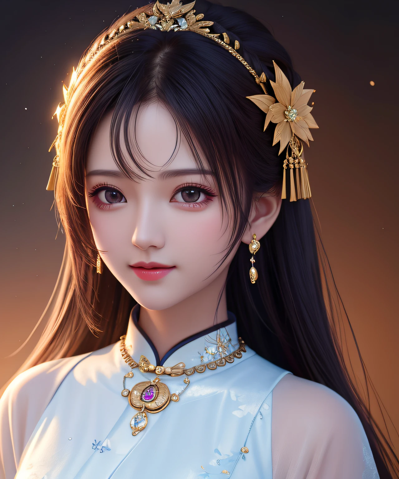 Best Quality, Masterpiece, Hi-Res, One Girl, Cheongsam, Headwear, Necklace, Jewelry, Beautiful Face, upon_body, Tyndall Effect, Photorealistic, Dark Studio, Rim Lighting, Two-Tone Lighting, (High Definition Skin: 1.2), 8k uhd, dslr, soft lighting, high quality, volumetric lighting, candid, photography, high resolution, 4k, 8k, bokeh,
