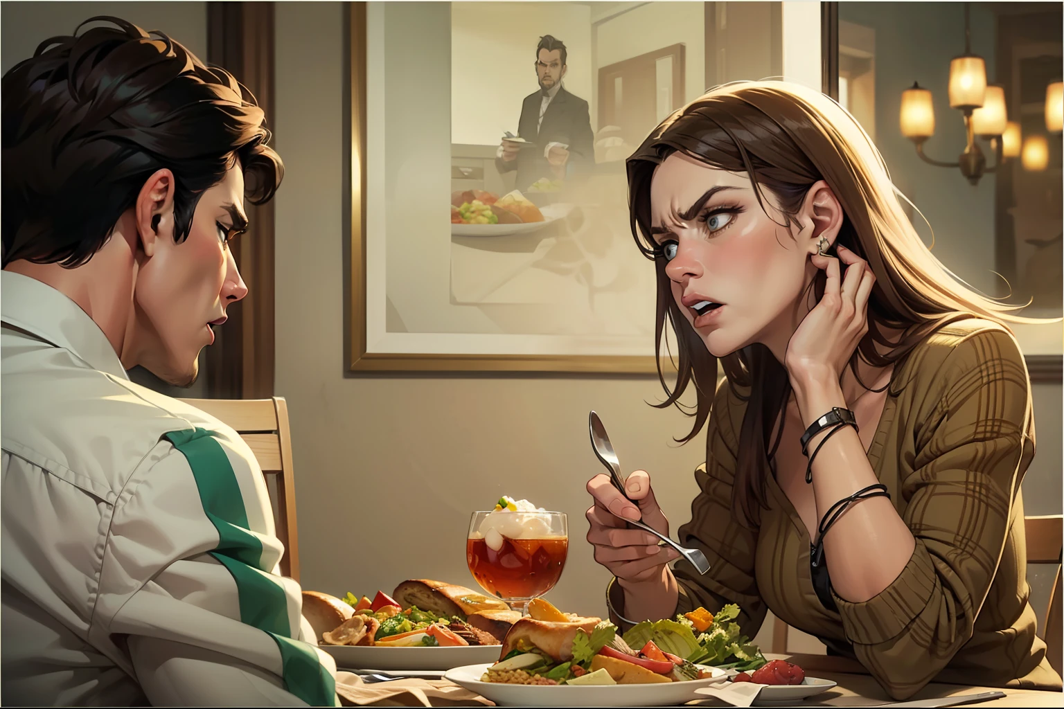 "((mesa de jantar, objetos e comida na mesa)), retrato de mulher com cabelo ondulado, angry expression, acompanhada de um homem fora do peso":
