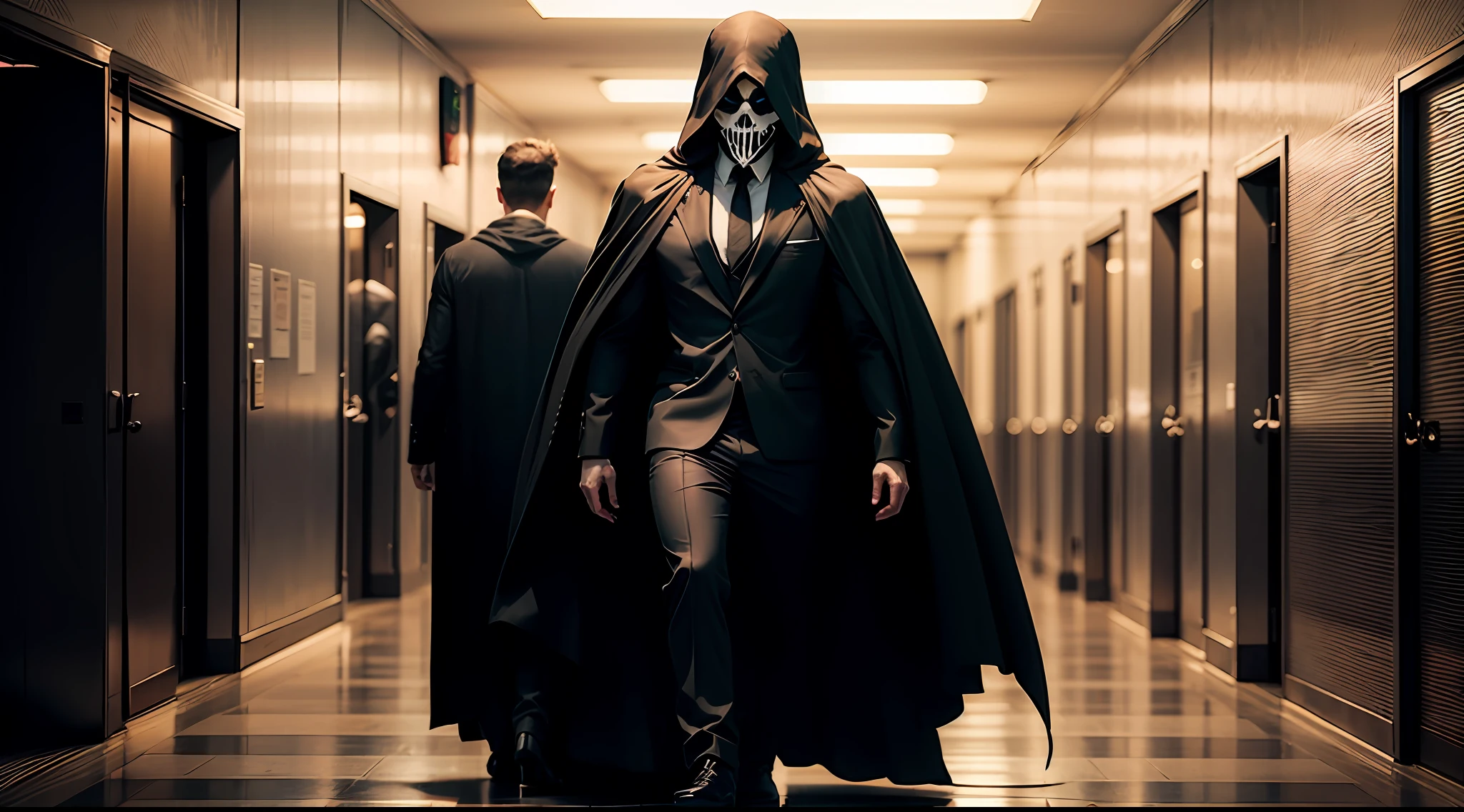 "A terrifying clown mask killer in a long black reaper-style cape walking down a school hallway at night " --auto