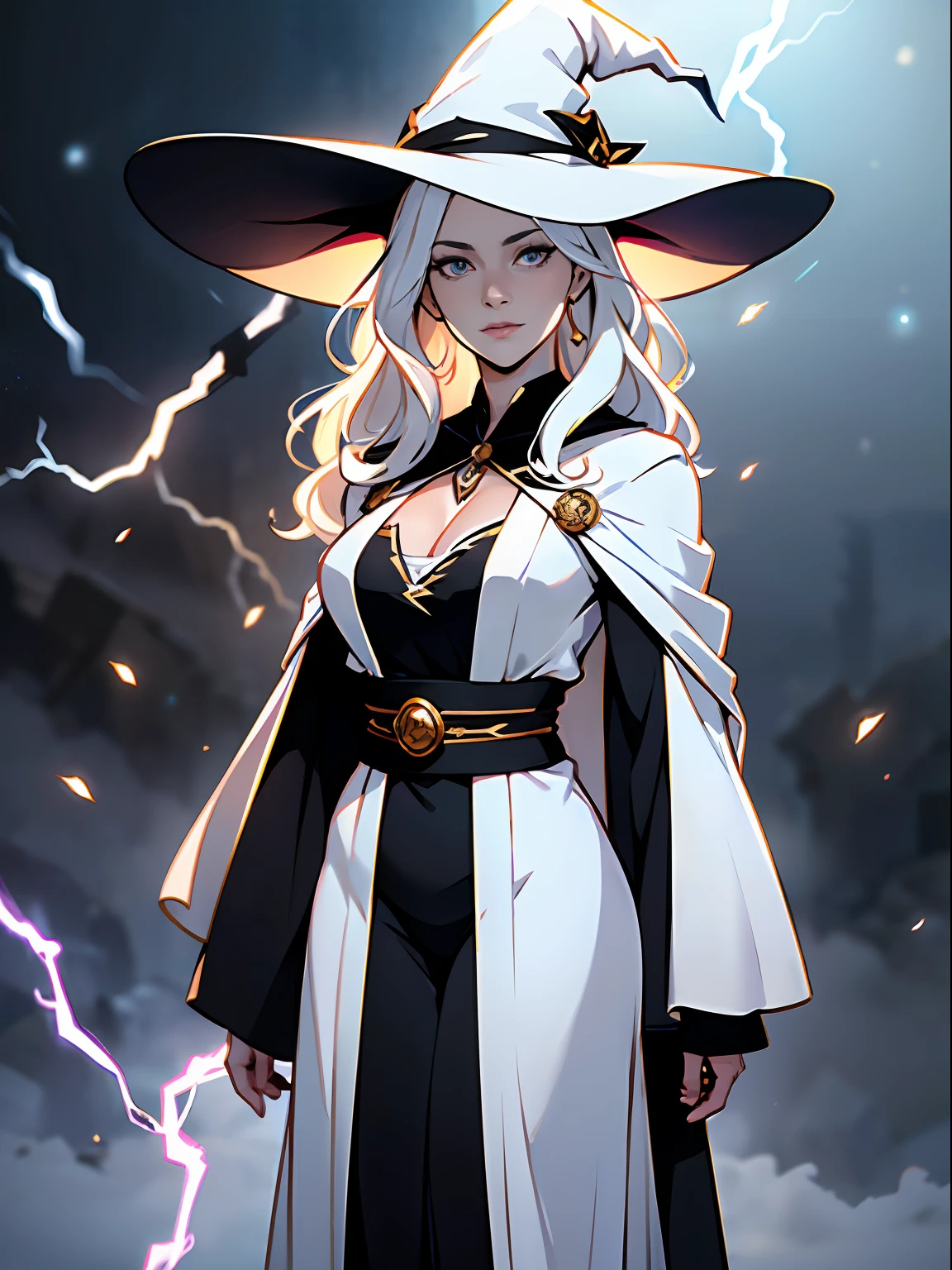 RAW photo, one person, skin invisible, full body photo of 60 year old woman, witch, Sensual beautiful woman with round cheeks, realistic facial expression, pale skin, wavy white hair, long hair, witch hat, white skin, slender body, wearing full body black robe with rich decoration, confident expression, (magic mysterious background, lightning, glowing particles, ethereal fog, faint darkness), high saturation, film light, rim light, best shadows, pointing here, background is urban ruins, (very detailed skin: 1.2), 8k UHD, DSLR, soft lighting, high quality, film particles, fujifilm XT3
