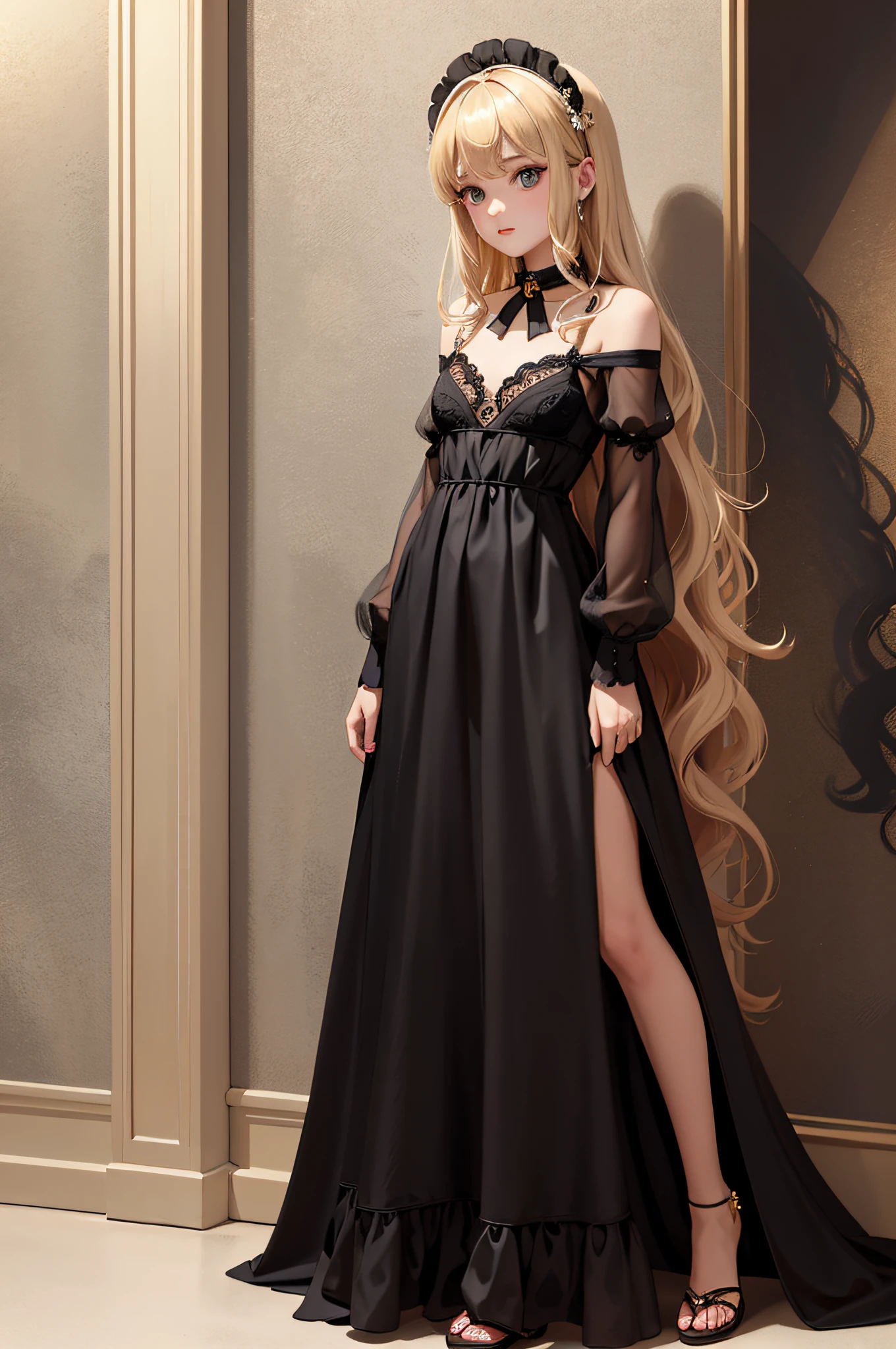 ((masterpiece)), (top-quality), (detaileds),4K resolution. 1girl in,foco nítido、a blond,Princess Cut,odd eye,Older sister,diet,long,Red Rosa,tiarra,Black Dress,curlyhair,small tit,small tits,Cool,Rose Dress,embroideries,oriental,A sexy,Sareme,milkyway、small nose,narrow nose and small nose,,,,,,,High small nose,small nostrils,see -through,Full body like,oblique,1girl in,Golden hair color,Light hair color,Beige hair color