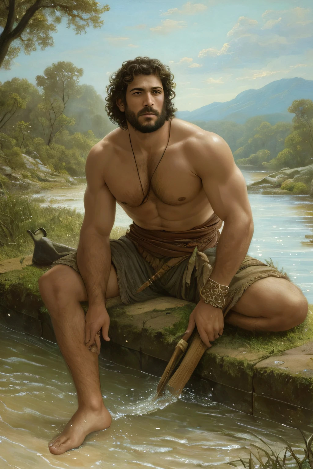 close up of 1 man, attractive, of tunisian descent, barbarian sitting by a river, a moonlit night, beautiful face, beautiful sky, (oil painting), classical art:0.4, detailed, intricate, (fantasy art), muted color:0.25, best quality, good anatomy, good composition, good proportions, good design, dynamic pose, good pose, realistic sky, realistic backgrounds, (cinematic), (highest quality, award winning, masterpiece:1.3), (art by Arthur Rackham:0.5), (((natural colors))), (photorealistic:1.4), ((empty hands, holding nothing)),