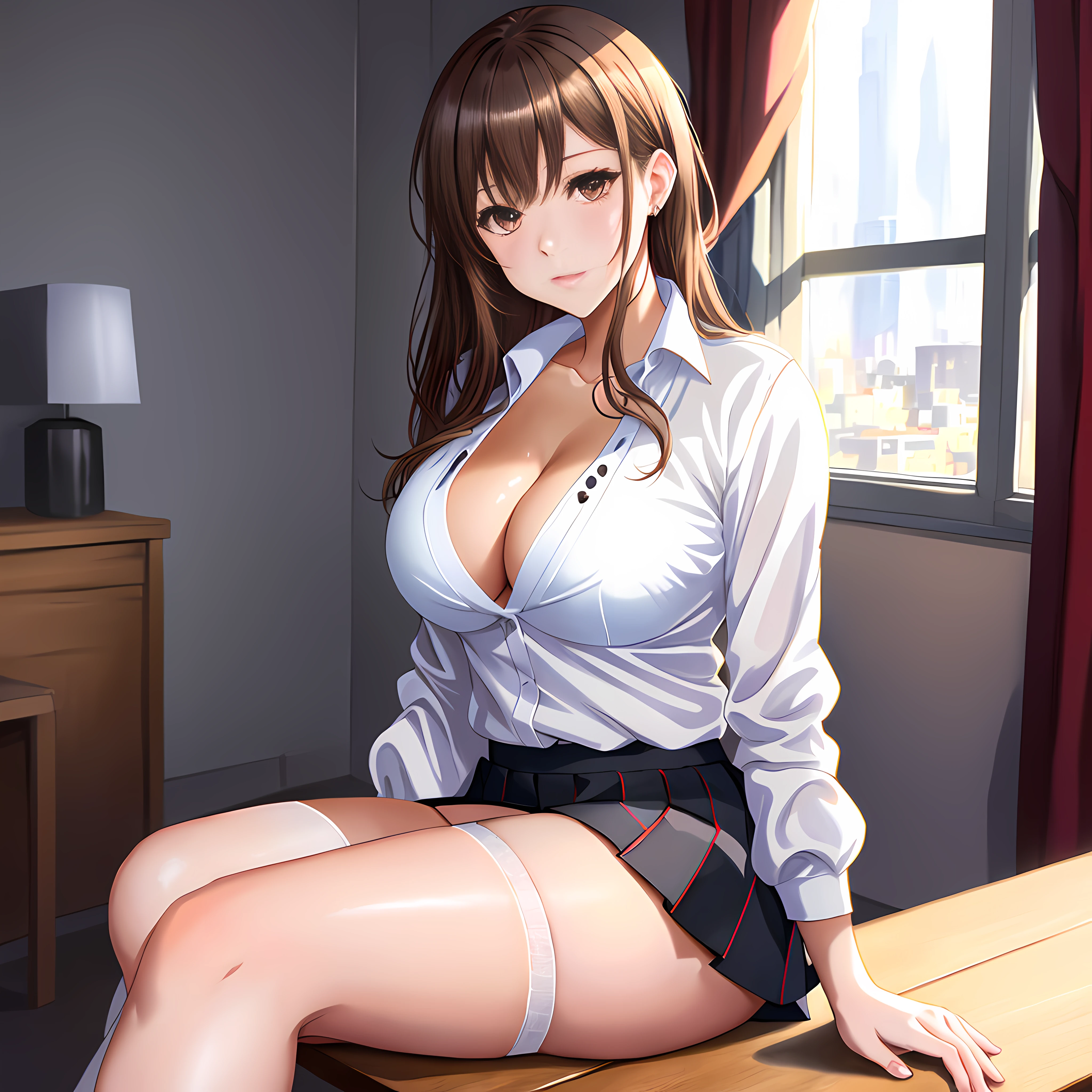 Full body portrait, A beautiful student, with her white blouse unbuttoned, revealing the white bra under the blouse, in her room, sitting on a chair with her legs crossed, contemplating the urban landscape through the window, tanned skin, perfect honey eyes, light brown hair, big chest, perfect hands, beautiful gradient, Full body, Beautiful anime style girl, clean detailed faces Kawaii, anime girl, dynamic pose, massive chest, Schoolgirl uniform, black Mini-skirt, white knee-high stockings, full body, Uhd digital painting, hyperdetailed triadic colors, unreal engine, intricate detail, complementary colors, 8k resolution, deviantart masterpiece, oil painting, heavy strokes, dynamic light source, full body ultra detailed,