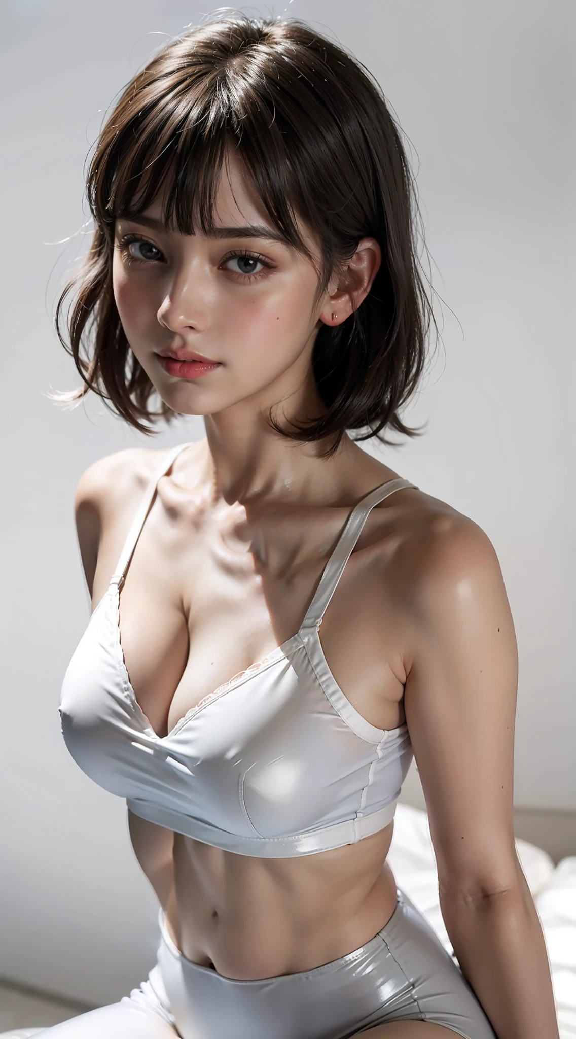 masterpiece、1人、Get on your knees、kneeling to、Cowgirl Pose、look up to、((modeled、Leotard bikini、Very thin sheer bra、Very thin sheer bra))、((yoga pant、Very tight and very light yoga pants、The soft))、wide hips、Curvaceous、((yoga))、lighting on the face、Bright backlight、F Cup Breasts、very Bigger breasts、Slim waist、Wasp waist、超A high resolution、top-quality、(a picture:1.4)、The 8k quality、(Realism:1.3)、(AV actress:1)、looking directly at the viewer、the neck is long、the neck is long、Put your ears out、glowy skin、Beautiful glowing skin、Close your mouth and smile a little、A little embarrassing、A little cheeky and shy、White-colored skin、Very tall、clean long legs、Light in the eyes、Highlights in the eyes、lipgloss、(((Immaculate white background with nothing really、short hair with beautiful shiny hair with bangs,,、No shadows)))、