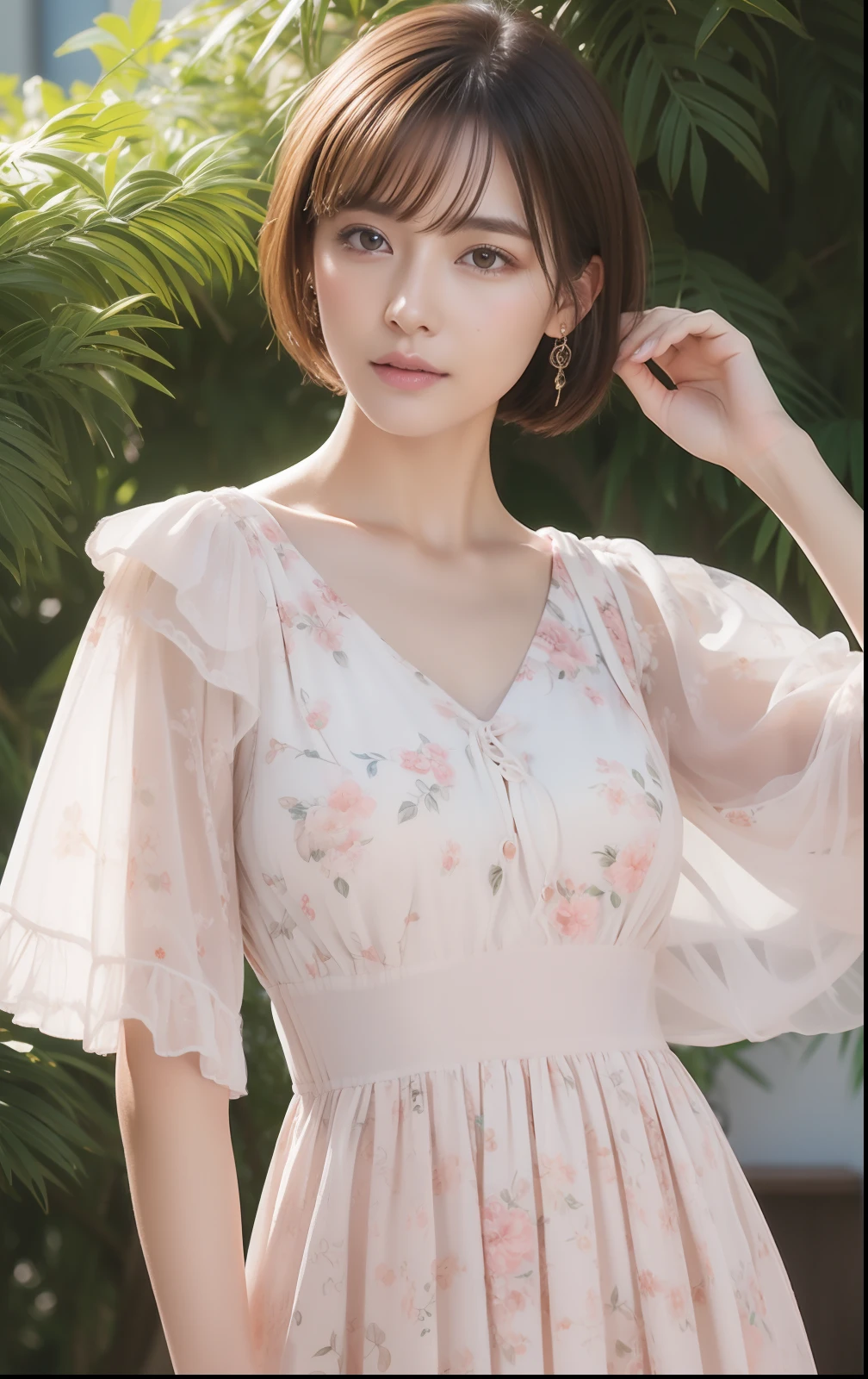 ((top-quality、8K、masterpiece))、1人、Short-cut hairstyles 、Women in Japan、High-resolution full body pose、Highly detailed facial and skin texture、Narrow-eyed、二重まぶた、Whitened skin、、(Pale pink floral dress) Spring Garden、Beautiful flowers in the background々、Photorealsitic、Beautiful detailed eyes、Hyper-Realism、highcontrast、Ultra HD、realistic skin textures、Top image quality、top-quality、超A high resolution、Fine details、Very meticulously