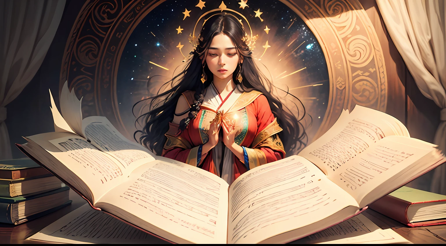 Realistic image with inspiring visual style, using soft colors and a serene atmosphere to attract the viewer’s attention. In the center of the image, there would be a symbolic representation of an ancient book with a golden cover, opened on a specific page. This book would symbolize the Psalms of wisdom and blessings, presenting the idea of a treasure trove of spiritual knowledge.
Coming from the pages of the book, visual elements could be added that represent wisdom, such as owl feathers or laurel leaves, evoking the image of wisdom and ancestral knowledge.
Around the book, symbolic details could be added that represent blessings such as sparkling stars, blooming flowers or a rainbow, creating a sense of grace and prosperity.
To convey a sense of peace and reflection, it would be possible to add symbolic details, such as soft rays of light emanating from the open book, representing spiritual enlightenment and connection with divine blessings. --auto