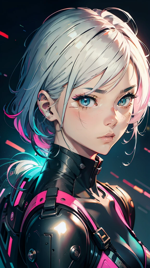 a Japanese girl, realistic, light pink and yellow, charming character illustrations, yellow and black and pink, cyberpunk, Diagonally looking down in a downward right direction, icy stare, streaked hair, multicolored hair, silver hair, pink hair, empty eyes, makeup, crazy, scowl, jitome, digital art, Surrealism, high detail, Cubist Futurism, Futurism, Realism, glowing light, high detail, Cubist Futurism, emphasis lines, Nikon, close-up, textured skin, high details, award winning, highres, best quality, UHD, retina, masterpiece, ccurate, anatomically correct, textured skin, super detail, high details, high quality, award winning, best quality, highres