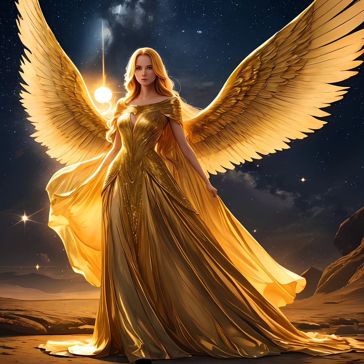 A woman with long, golden hair, with majestic wings on her back, is standing in a nocturnal landscape illuminated by a soft light. Her dress is golden and fluid, matching perfectly with the glow of the stars in the background. --auto