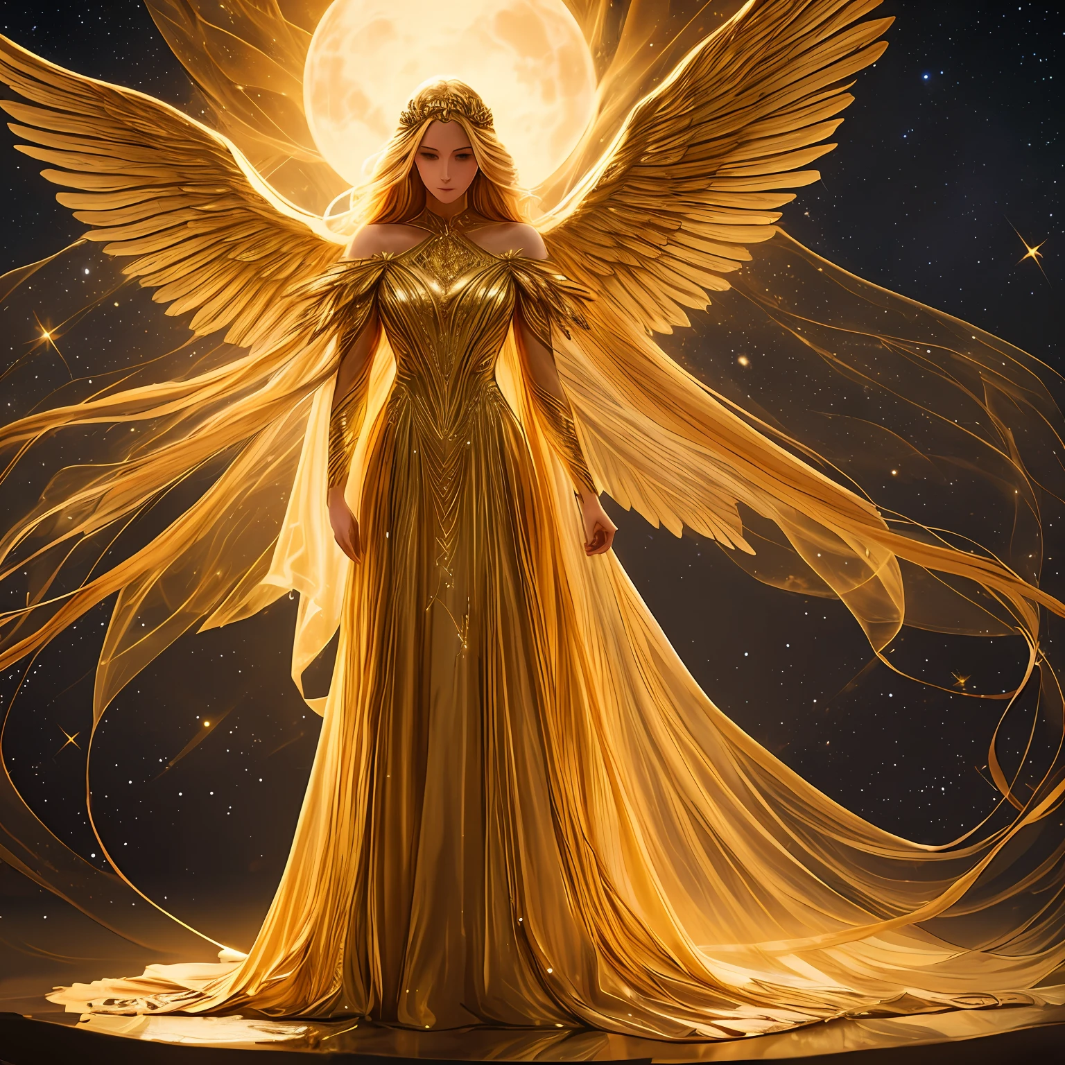 A woman with long, golden hair, with majestic wings on her back, is standing in a nocturnal landscape illuminated by a soft light. Her dress is golden and fluid, matching perfectly with the glow of the stars in the background. --auto