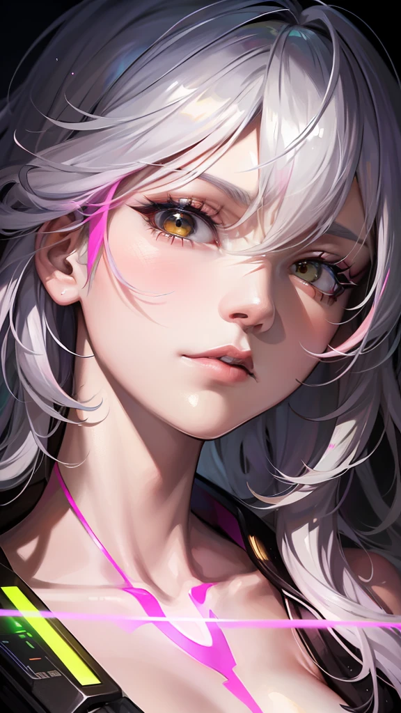 a Japanese girl, realistic, light pink and yellow, charming character illustrations, yellow and black and pink, cyberpunk, Diagonally looking down in a downward right direction, icy stare, streaked hair, multicolored hair, silver hair, pink hair, empty eyes, makeup, crazy, scowl, jitome, digital art, Surrealism, high detail, Cubist Futurism, Futurism, Realism, glowing light, high detail, Cubist Futurism, emphasis lines, Nikon, close-up, textured skin, high details, award winning, highres, best quality, UHD, retina, masterpiece, ccurate, anatomically correct, textured skin, super detail, high details, high quality, award winning, best quality, highres