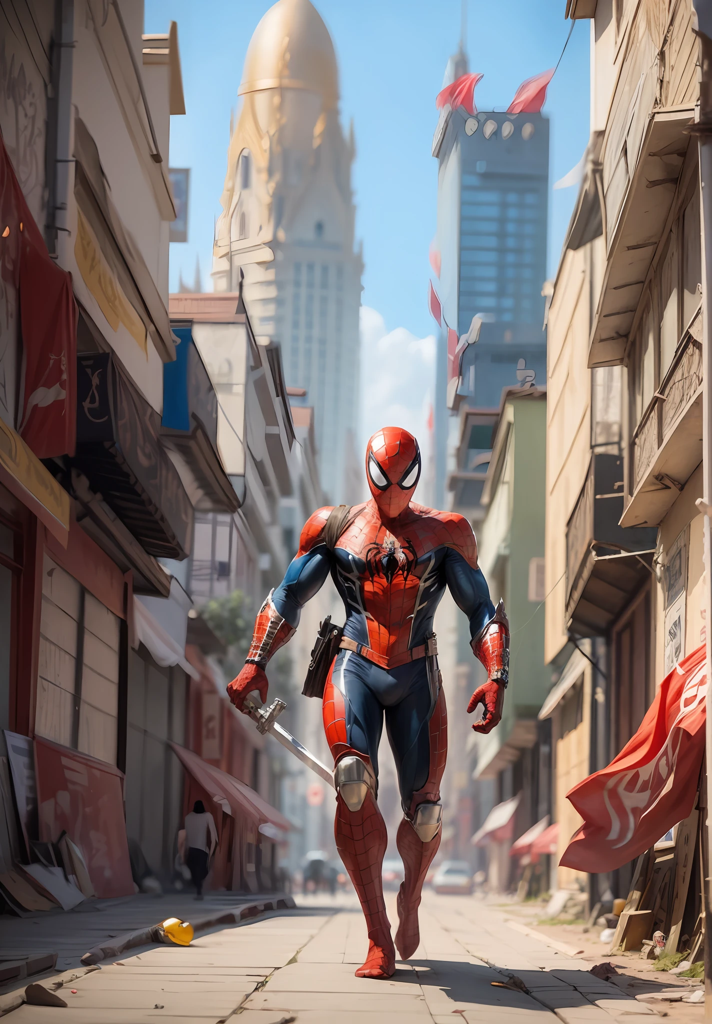 midjourny-v5 Delicate "cyborg spiderman", future style, cyberpunk, majestic detailed spider future suit, apocalypse BAGAN city background, Lara Croft, Muscular arms, Sharp focus, Concept art, Hyperrealism, Realistic lighting, Highly detailed, 8k, Iridescent accents,Ultra detailed,Atmospheric, Cinematic lighting (masterpiece:2.2) architect. myanmar warrior spider - man in armor with sword and shield in hand, concept art inspired, Artstation contest winner, ancient warrior, full black arabesque armor spiderman, the darklord warrior:2.1, mystic myanmar warrior, epic luxurious detaild warrior, spiderman as terminator, portrait of ninja slayer, ancient warrior, spiderman as myanmar warrior, ancient myanmar style spiderman, stunning character art, graphic novel cover art,ultra realistic, 4k, oil painting, unique art worklphohonsee pixar, 16k, 8k, 4k, HD, 3D, vivid light refractions --w 1920 --h 1020,masterpiece city design,luxurious cinematic colour quality, unique and mesmerizing building look, tranding on artstation,(magnificent art), ostentatious detailed apocalpyse bagan city. --auto --s2