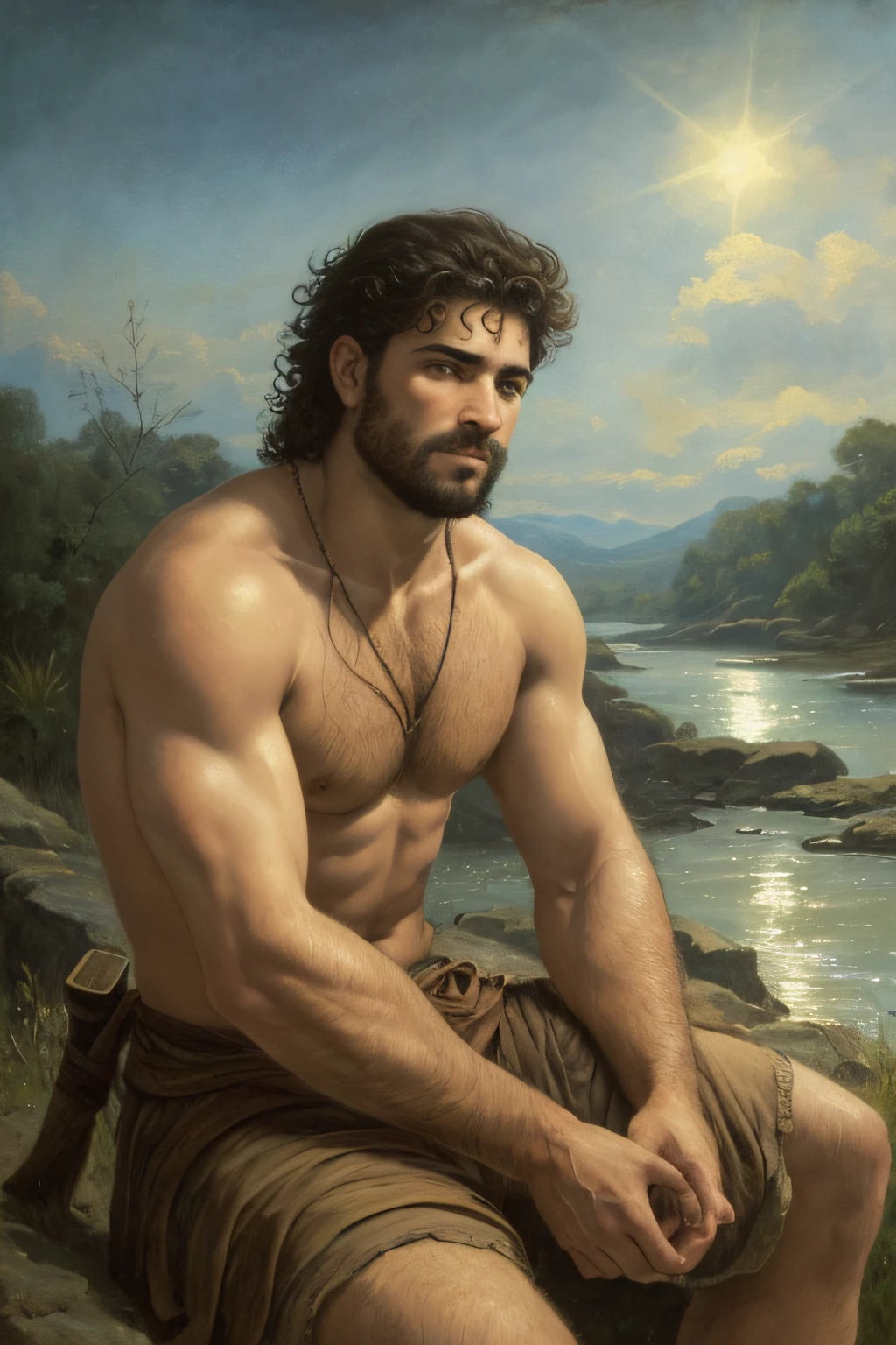close up of 1 man, attractive, of tunisian descent, barbarian sitting by a river, a moonlit night, beautiful face, beautiful sky, (oil painting), classical art:0.4, detailed, intricate, (fantasy art), muted color:0.25, best quality, good anatomy, good composition, good proportions, good design, dynamic pose, good pose, realistic sky, realistic backgrounds, (cinematic), (highest quality, award winning, masterpiece:1.3), (art by Arthur Rackham:0.5), (((natural colors))), (photorealistic:1.4), ((empty hands, holding nothing)),