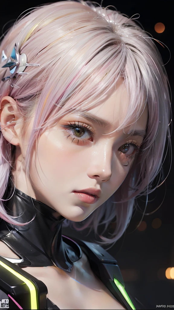 a Japanese girl, realistic, light pink and yellow, charming character illustrations, yellow and black and pink, cyberpunk, Diagonally looking down in a downward right direction, icy stare, streaked hair, multicolored hair, silver hair, pink hair, empty eyes, makeup, crazy, scowl, jitome, digital art, Surrealism, high detail, Cubist Futurism, Futurism, Realism, glowing light, high detail, Cubist Futurism, emphasis lines, Nikon, close-up, textured skin, high details, award winning, highres, best quality, UHD, retina, masterpiece, ccurate, anatomically correct, textured skin, super detail, high details, high quality, award winning, best quality, highres