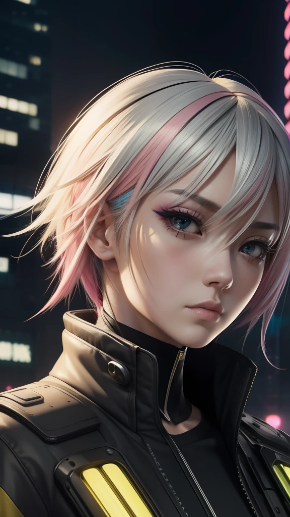 a Japanese girl, realistic, light pink and yellow, charming character illustrations, yellow and black and pink, cyberpunk, Diagonally looking down in a downward right direction, icy stare, streaked hair, multicolored hair, silver hair, pink hair, empty eyes, makeup, crazy, scowl, jitome, digital art, Surrealism, high detail, Cubist Futurism, Futurism, Realism, glowing light, high detail, Cubist Futurism, emphasis lines, Nikon, close-up, textured skin, high details, award winning, highres, best quality, UHD, retina, masterpiece, ccurate, anatomically correct, textured skin, super detail, high details, high quality, award winning, best quality, highres
