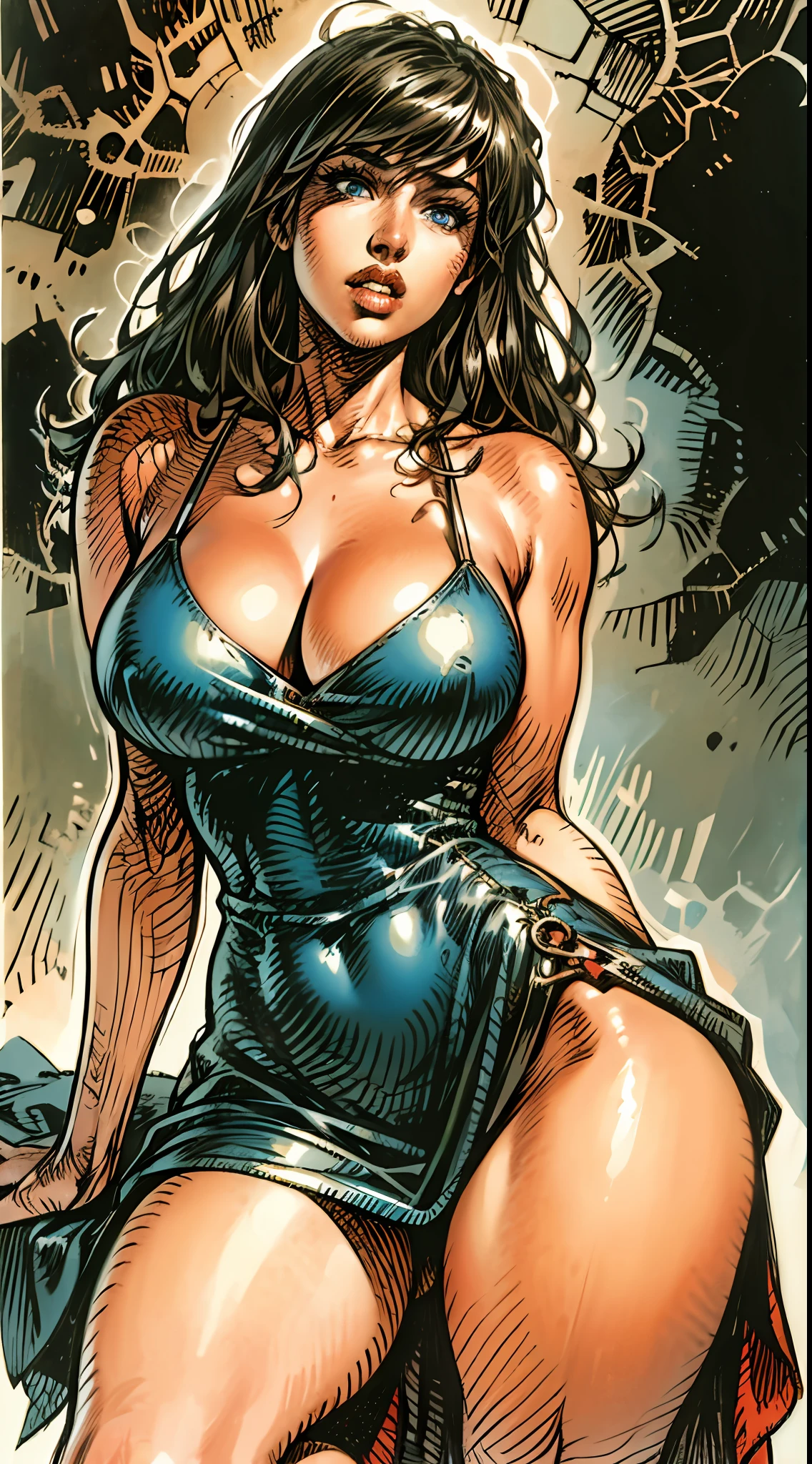 a masterpiece, best quality, woman wearing a red sheared dress, druuna, big boobs, dark blue eyes, red sheared dress, full lips, cleavage, high heels, sexy pose, best quality, aroused, paolo serpieri art, luis royo art, milo manara art, bernie wrightson art, ballroom background