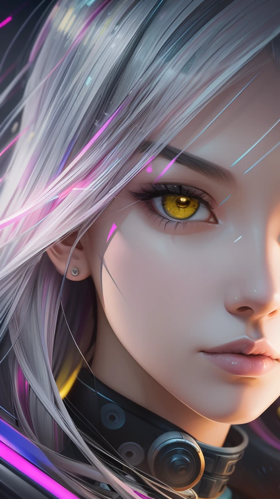 a Japanese girl, realistic, light pink and yellow, charming character illustrations, yellow and black and pink, cyberpunk, Diagonally looking down in a downward right direction, icy stare, streaked hair, multicolored hair, silver hair, pink hair, empty eyes, makeup, crazy, scowl, jitome, digital art, Surrealism, high detail, Cubist Futurism, Futurism, Realism, glowing light, high detail, Cubist Futurism, emphasis lines, Nikon, close-up, textured skin, high details, award winning, highres, best quality, UHD, retina, masterpiece, ccurate, anatomically correct, textured skin, super detail, high details, high quality, award winning, best quality, highres