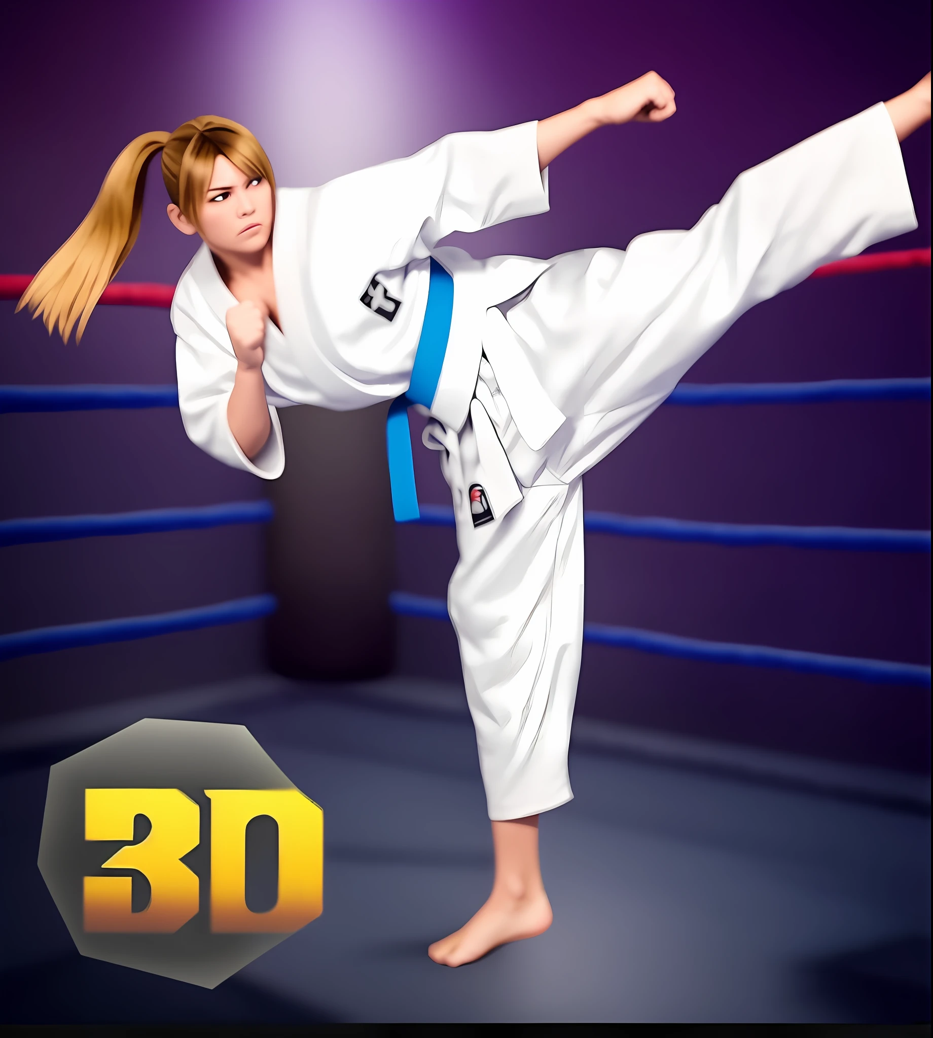 Arad woman in white kimono kicks in the boxing ring, KARATE, karate kick, Martial arts tournament, Sharp focus 3 D, Kickboxing, karate stance, Fighting posture, Martial arts, in dojo, Combat stance energy, High kick, Fighting stance, Fighting posture, fightingpose, fighter pose, martial art pose, inspired by Baiōken Eishun