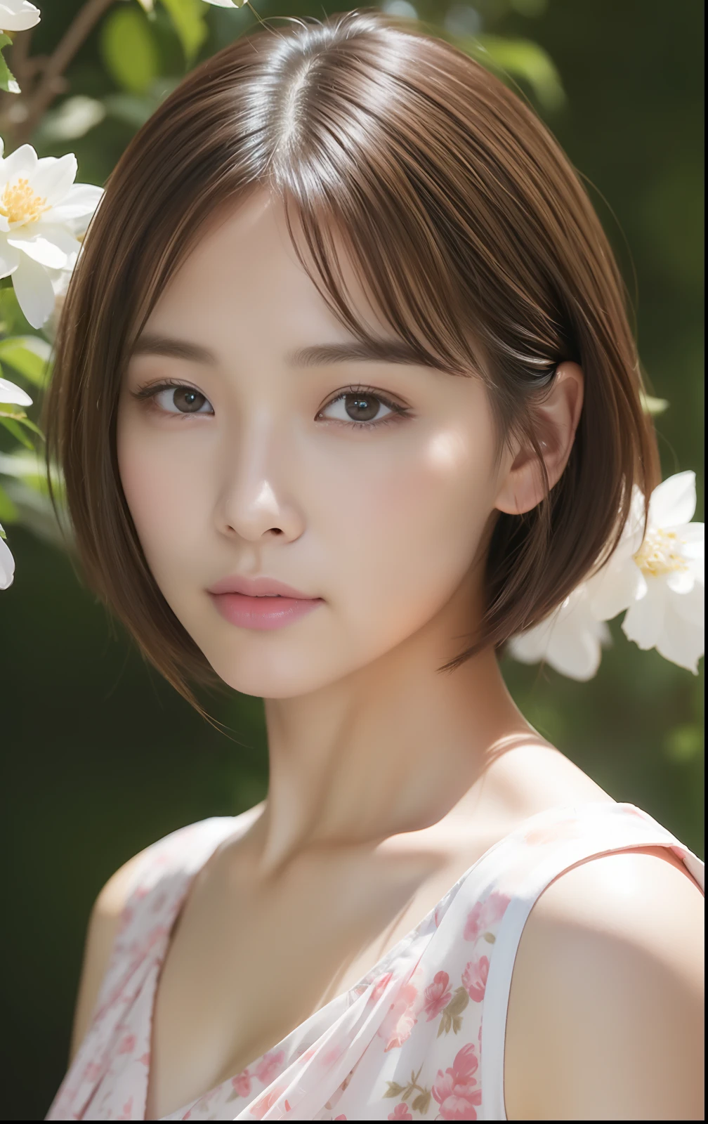 ((top-quality、8K、​masterpiece))、1人、Short-cut hairstyles 、Women in Japan、High-resolution full body pose、Highly detailed facial and skin texture、Narrow-eyed、二重まぶた、Whitened skin、、(Pale pink floral dress) Spring Garden、Beautiful flowers in the background々、Photorealsitic、Beautiful detailed eyes、Hyper-Realism、highcontrast、Ultra HD、realistic skin textures、Top image quality、top-quality、超A high resolution、Fine details、Very meticulously