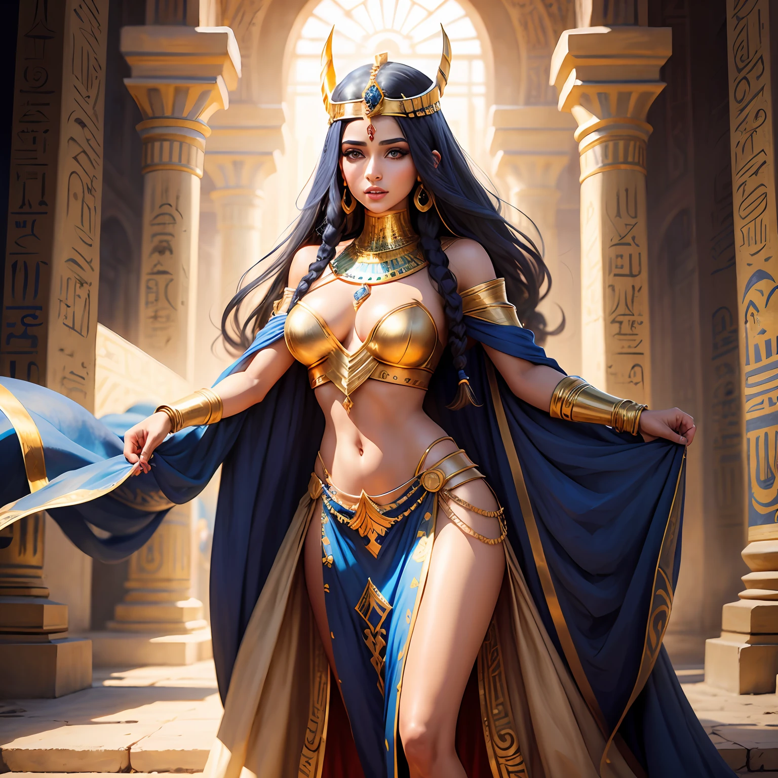 A very beautiful Egyptian woman, com roupas adornados em ouro, pharaoh clothes, cabelos pretos e longos detalhes em azul e dourado, Palace environment. --auto