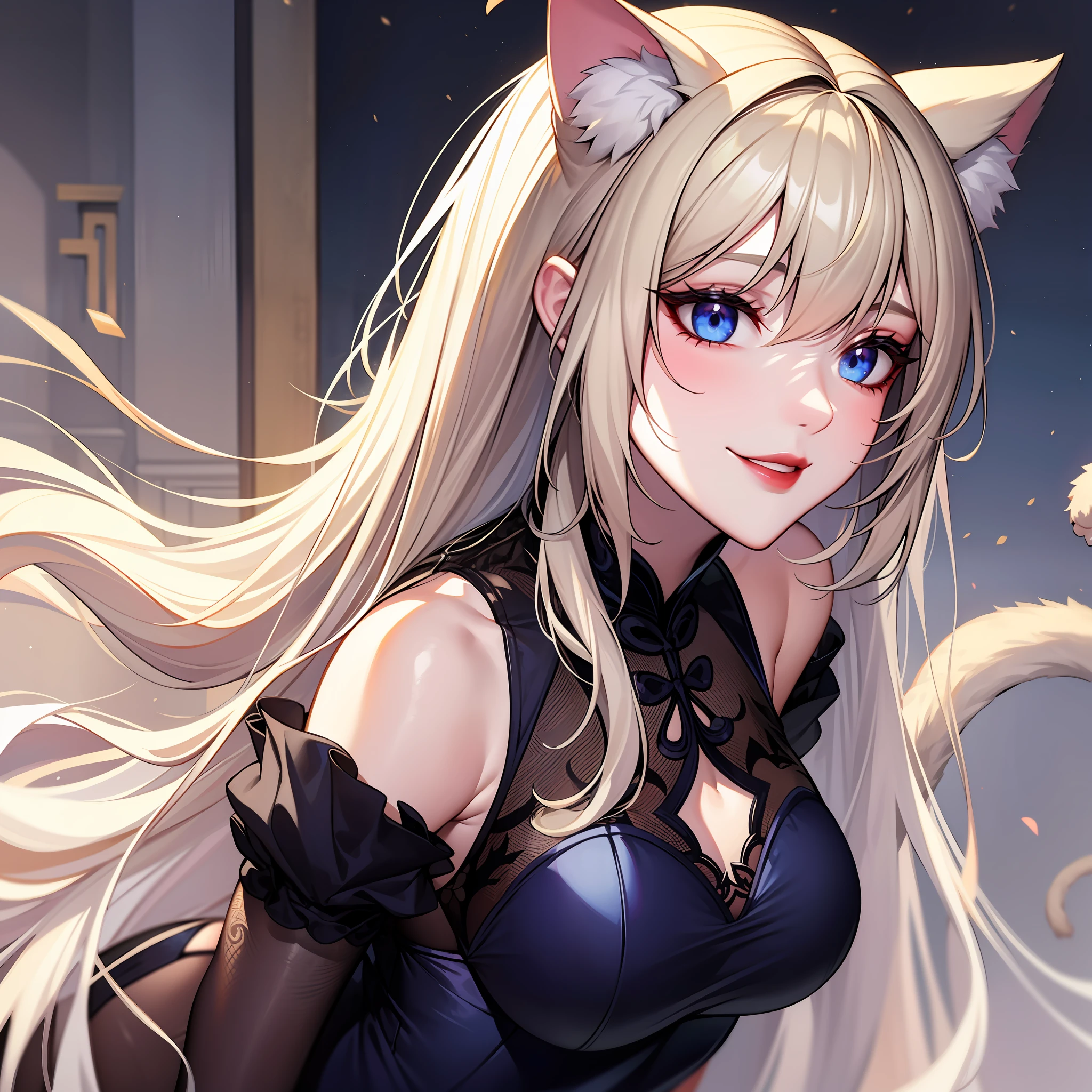 Girl, cat ears and tail, long white hair with blonde strands, violet-blue eyes, black open Chinese dress, expensive jewelry, sly smile, light lipstick