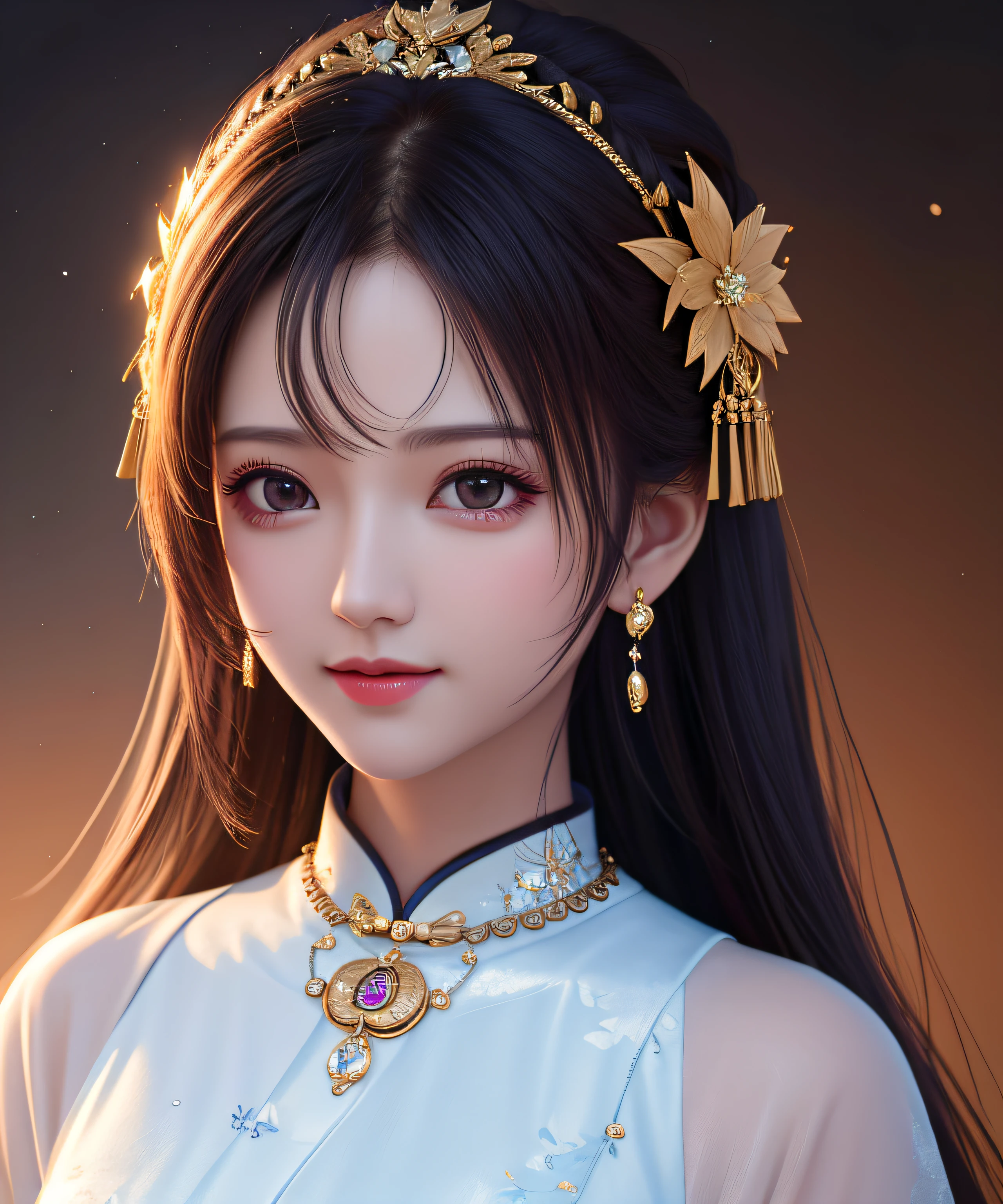 Best Quality, Masterpiece, Hi-Res, One Girl, Cheongsam, Headwear, Necklace, Jewelry, Beautiful Face, upon_body, Tyndall Effect, Photorealistic, Dark Studio, Rim Lighting, Two-Tone Lighting, (High Definition Skin: 1.2), 8k uhd, dslr, soft lighting, high quality, volumetric lighting, candid, photography, high resolution, 4k, 8k, bokeh,