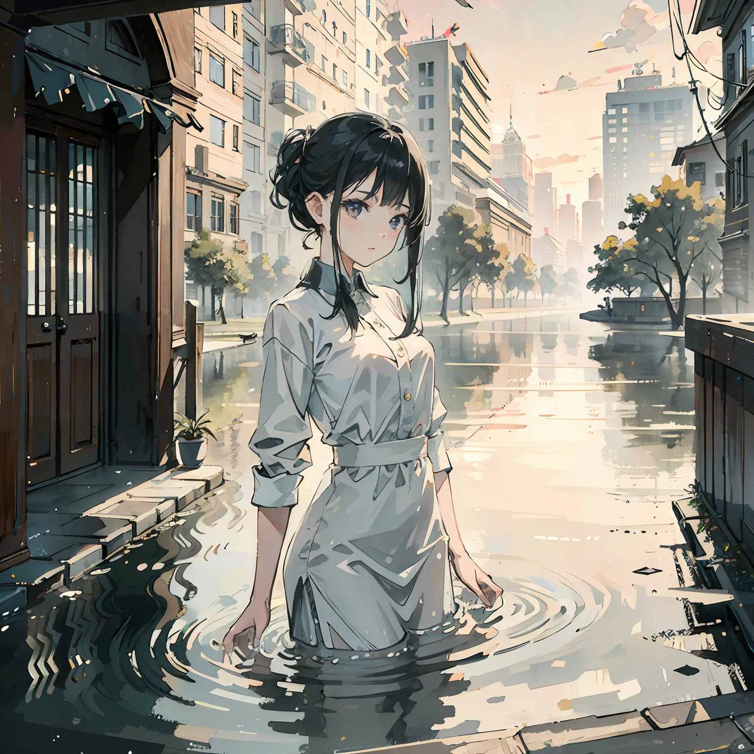 (masterpiece, best quality, beautiful art:1.4) of 1girl drowning in the flood, city background, drowning, digital art, trending on artstation, 4k, high detail, high-resolution, professional painting, ultra-detail, hdr, 4k uhd, 8k, unreal engine 5, cinematic, neon highlights, volumetric lighting, realistic shadows, reflections, unreal engine 5, cinematic wallpaper, 8k, romantic