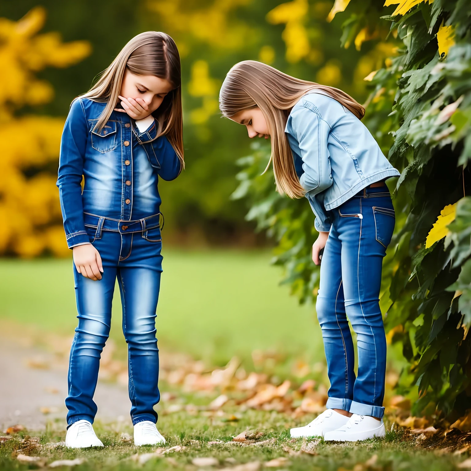 a young girl looking embarrassed as she accidentally pees in her jeans --auto