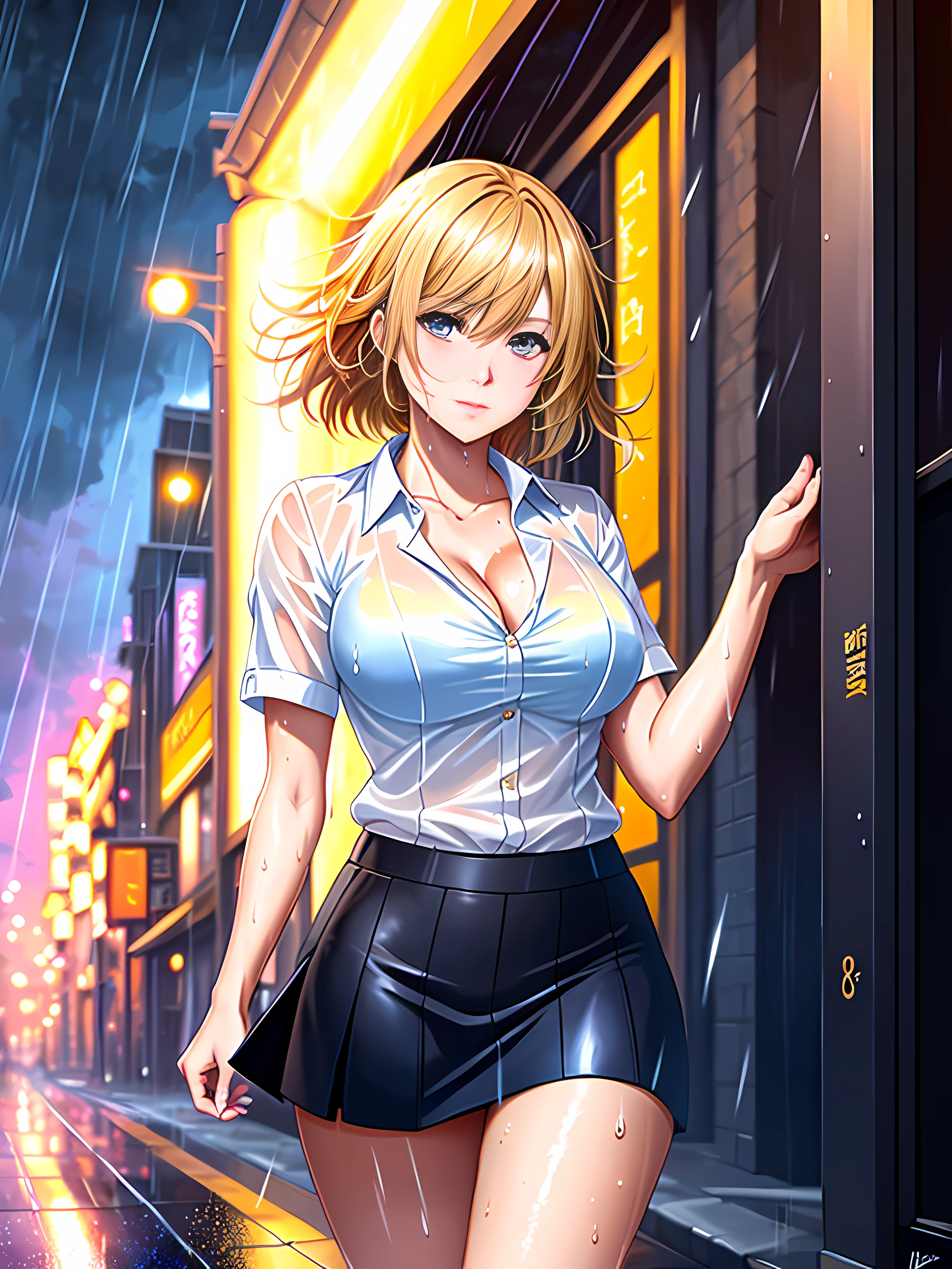 Sweat and wet body, translucent blouse, rain, in the street, a executive girl, Neckline, light skin, sky blue eyes, golden blonde hair, big chest, beautiful gradient, Full body, Beautiful anime style girl, clean detailed facesKawaii, anime girl, dynamic pose, massive chest, Tight-fitting office clothing, Mini-skirt, full body, Uhd digital painting, hyperdetailed triadic colors, unreal engine, fantastical, intricate detail, complementary colors, fantasy concept art, 8k resolution, deviantart masterpiece, oil painting, heavy strokes, dynamic light source