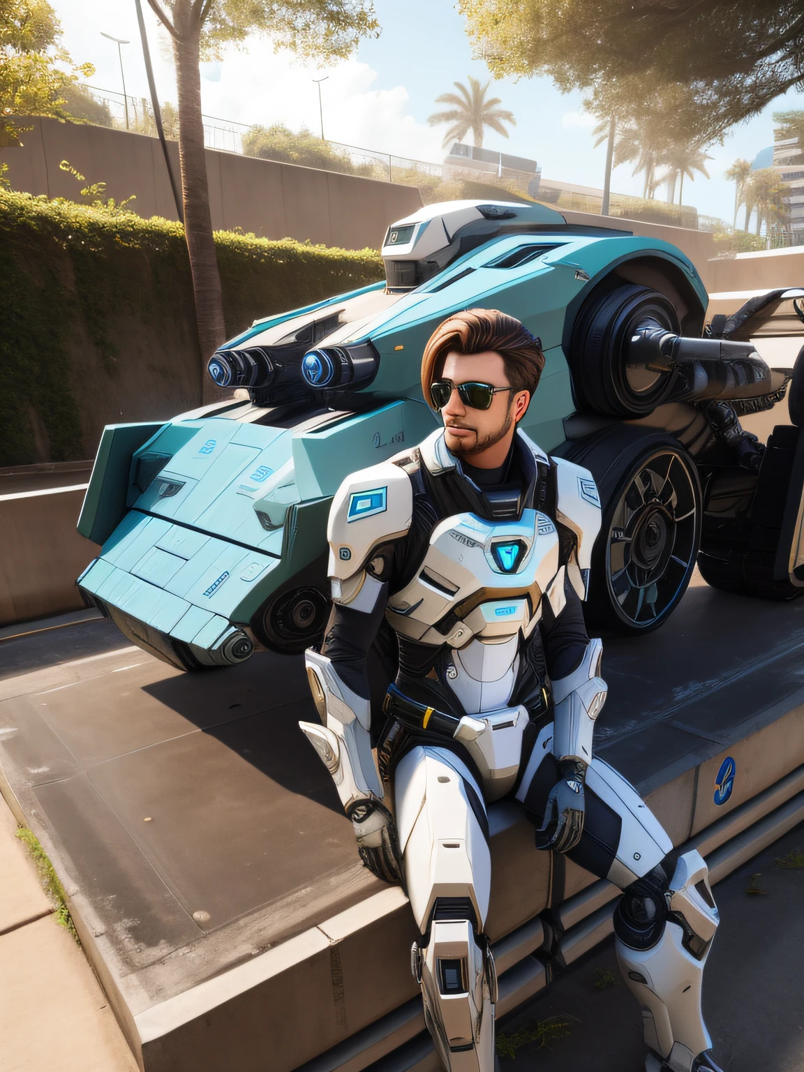 There is a man in a suit sitting on a bench next to a vehicle, clothed in sci-fi military armor, como personagem de overwatch, Eco de Overwatch, Como um personagem de Overwatch, sojourn from overwatch, Efeito de massa inspirado, Starcraft 2 personagem de videogame, Sigma de Overwatch, usando armadura de efeito de massa, estilo de efeito de massa, Titanfall IRL, star citizen halo --auto