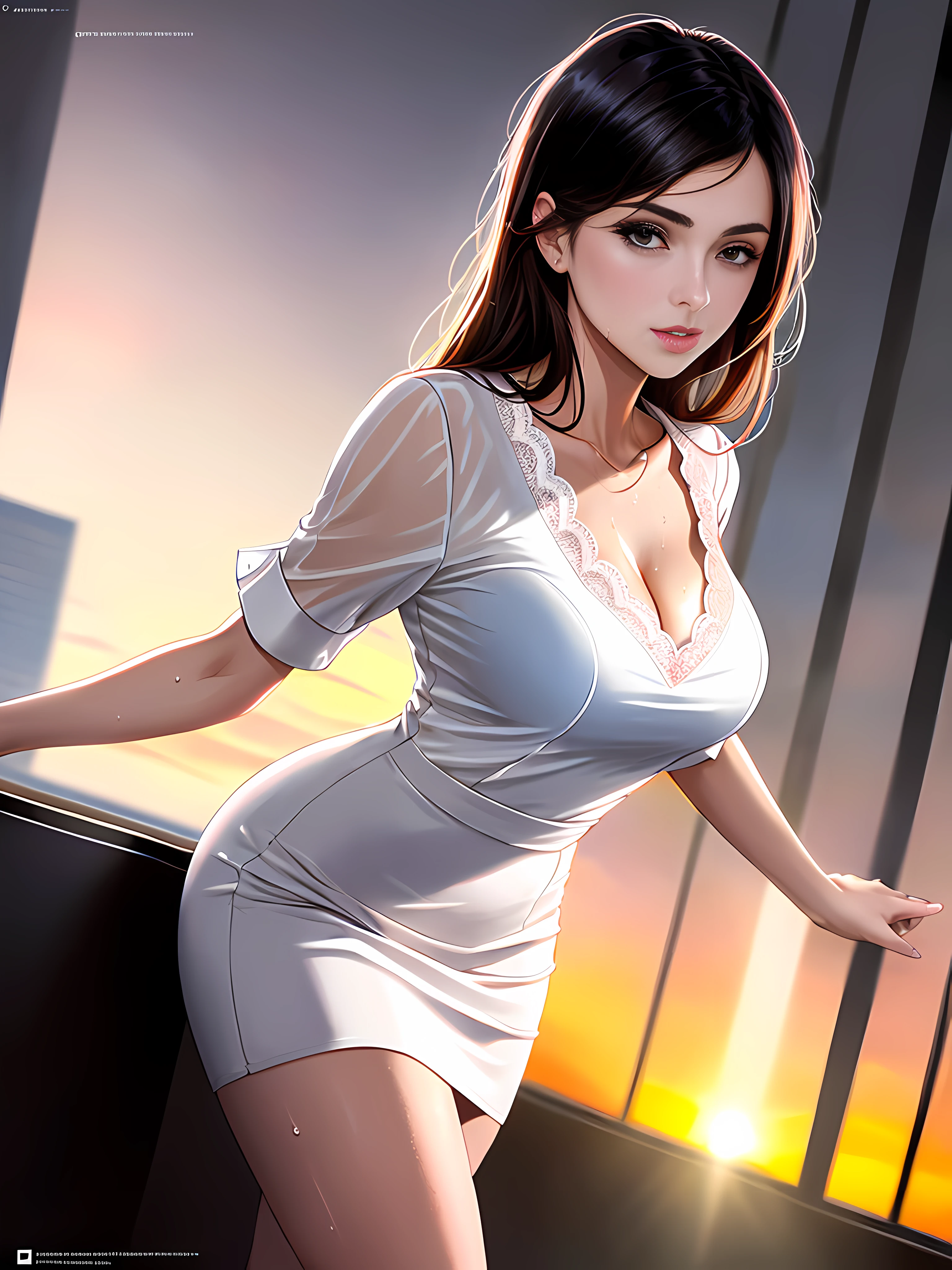 In the office, sweat and wet body, sunset, a mexican businesswoman, lustful and perverted, Beige fitted V-neck blouse with lace, translucent blouse, dynamic pose, Tight-fitting office dress, Pink pleated long fitted skirt with pleats, /(perfect and detailed hands, highly detailed and perfect fingers, perfect and detailed triangular face, beautiful, perfectly proportioned and highly detailed body,), beautiful gradient, Full body, Beautiful girl, clean detailed faces, dynamic pose, full body, Uhd digital painting, hyperdetailed triadic colors, unreal engine, fantastical, intricate detail, complementary colors, concept art inspired by Michael Woloszynowicz, 8k resolution, deviantart masterpiece, oil painting, heavy strokes, dynamic light source,