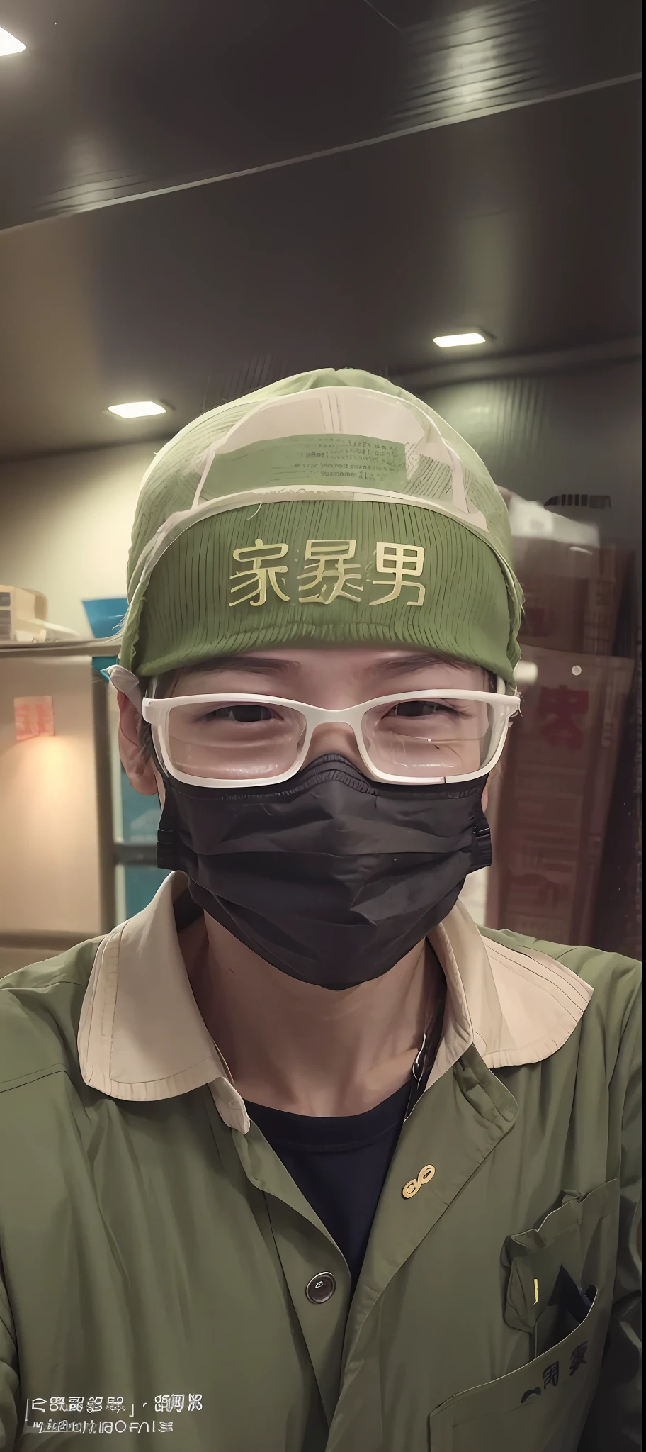 Arafede man in mask and green hat,It says Chinese, surgical mask covering mouth, wearing face mask, Li Zixin, wearing face mask, goggles on forehead, jinyiwei, medical mask, xintong chen, Wearing a mask, huifeng huang, from china, xiaofan zhang, mingchen shen, xiang duan, qiangshu