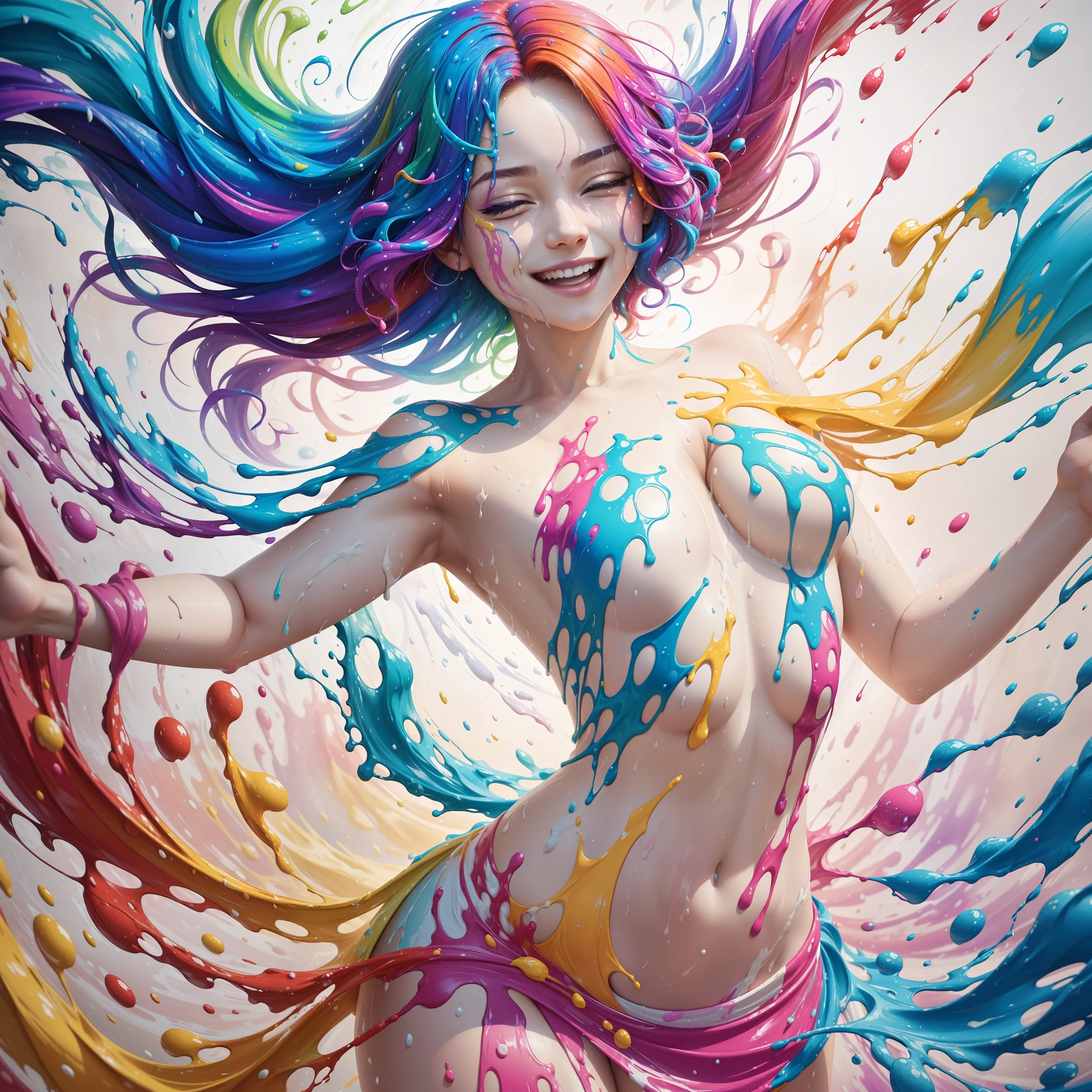 a woman joyfully twirling in the raining paint, paint raining, thick paint rainbow hair, body covered with paint, joyful, ((sfw)), calm facial expression, relaxed, gentle smile, (clothes made of liquid paint)), front view, ((small breasts, relaxed face, relaxed shoulders)), ((dynamic pose)), liquid details, correct anatomy, both arms visible