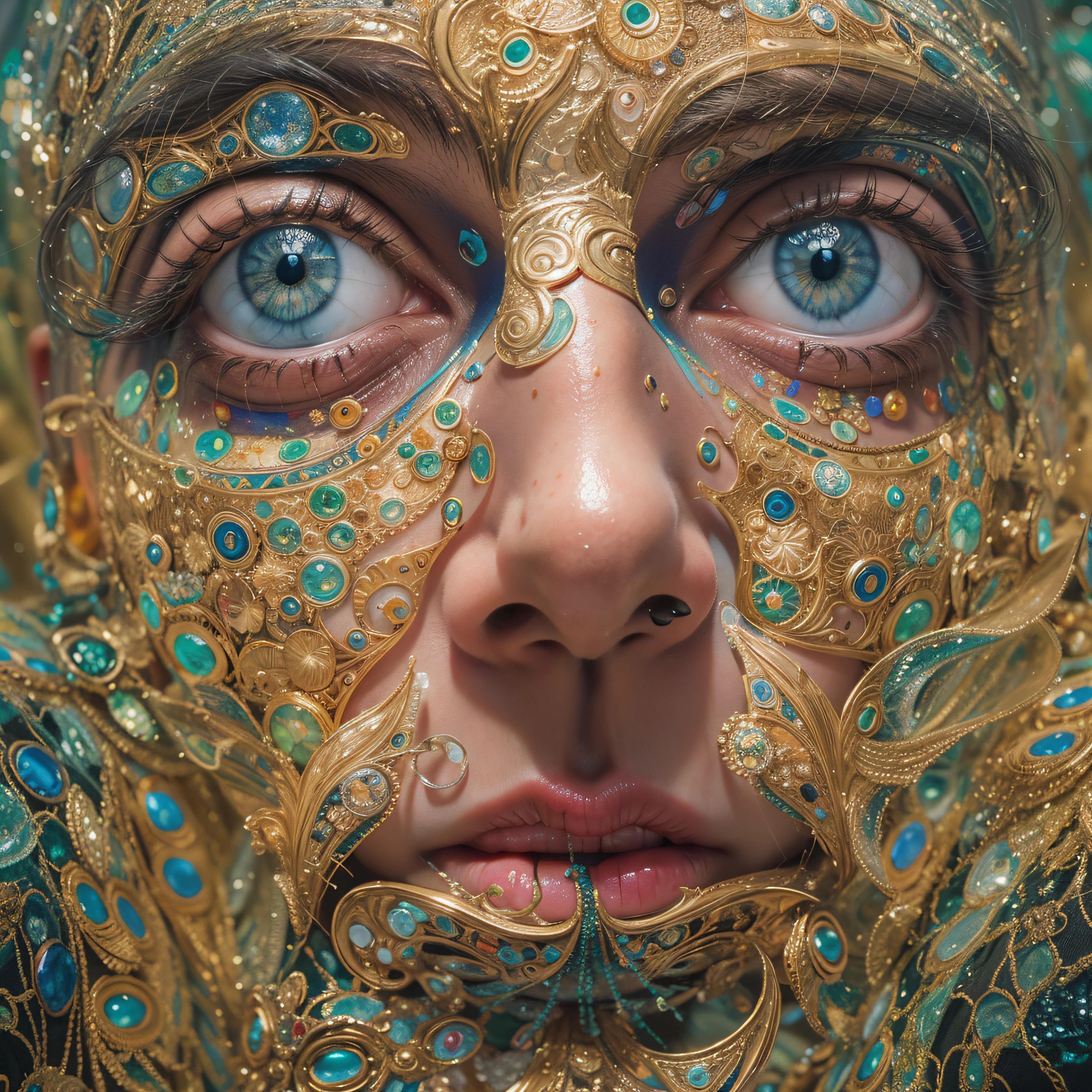 Rosto de Um homem em close-up, cabelos que parecem feitos de fios de luz e olhos que brilham com conhecimento ancestral. Surrealist artistic style with touches of realism, kaleidoscopic colors and temporal distortion effect. inspired by Salvador Dalí, René Magritte and Moebius